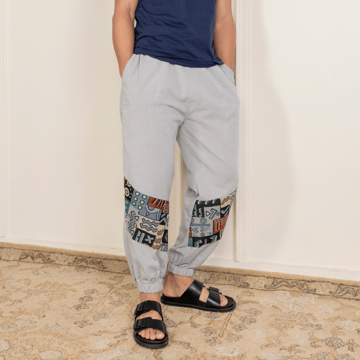 Men's Hopper Joggers | Melange Grey With Patterned Patchwork | Fits Waist Sizes 30 to 38 Inches – Mens Pyjama by Hope - House of Pure Eco available on Brown Living™. . SKU: H - 2_m17. Img 2.