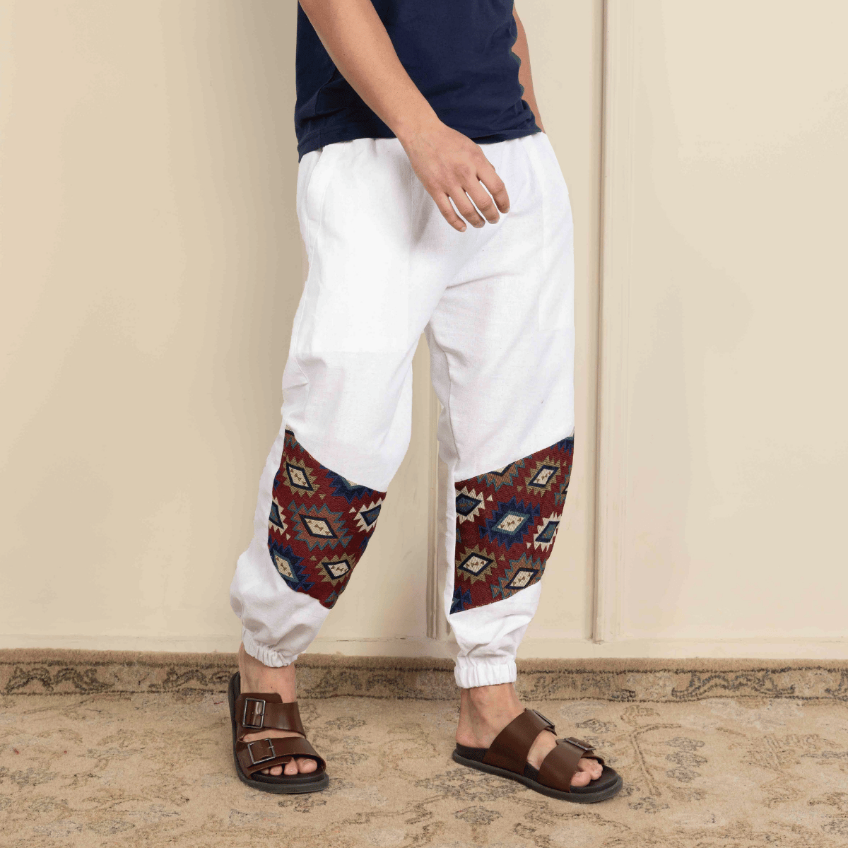 Men's Joggers | White Patterned Patch | Fits Waist Sizes 30" to 38" – Mens Pyjama on Brown Living™. SKU: H - 2_mWhite. Img 8.