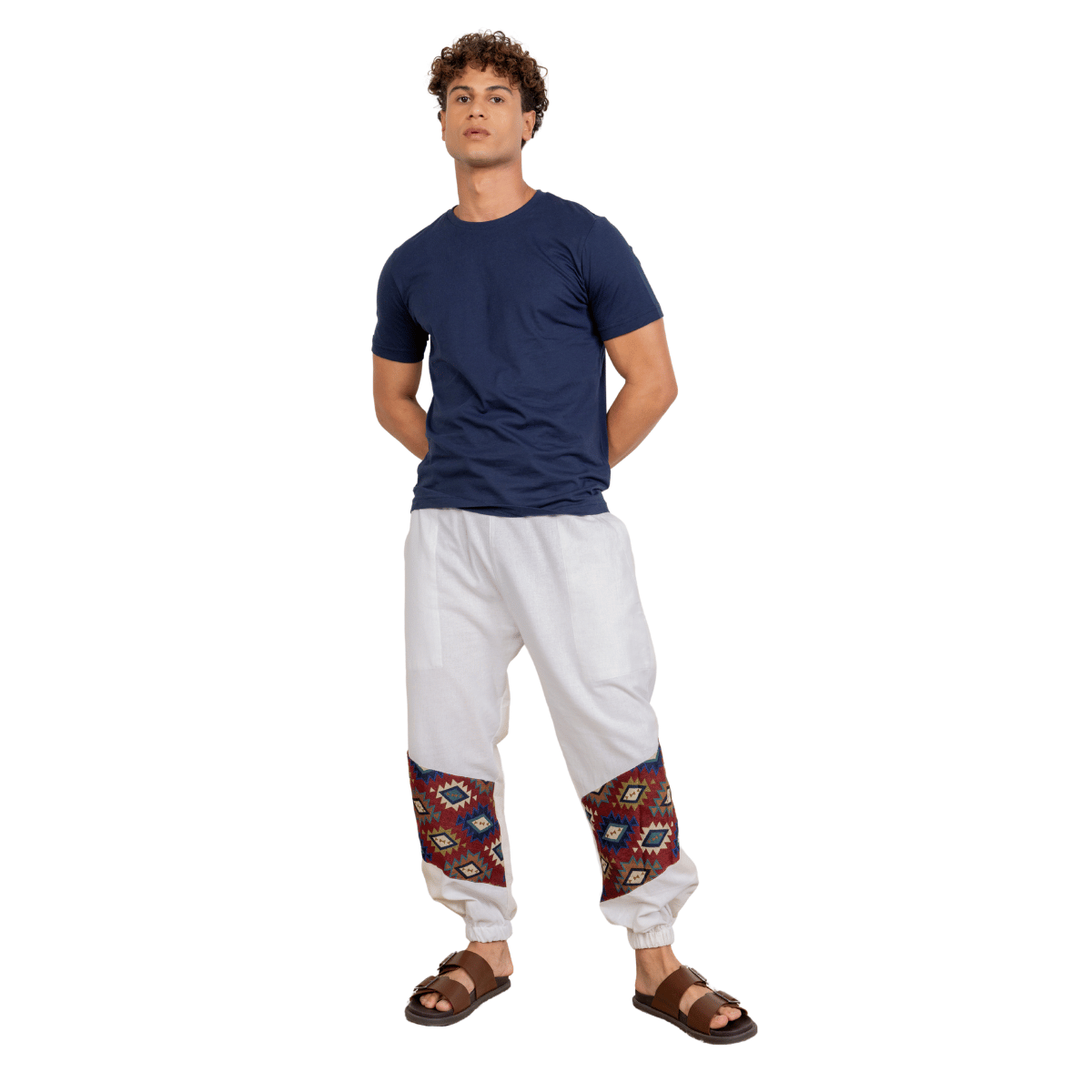 Men's Joggers | White Patterned Patch | Fits Waist Sizes 30" to 38" – Mens Pyjama on Brown Living™. SKU: H - 2_mWhite. Img 13.