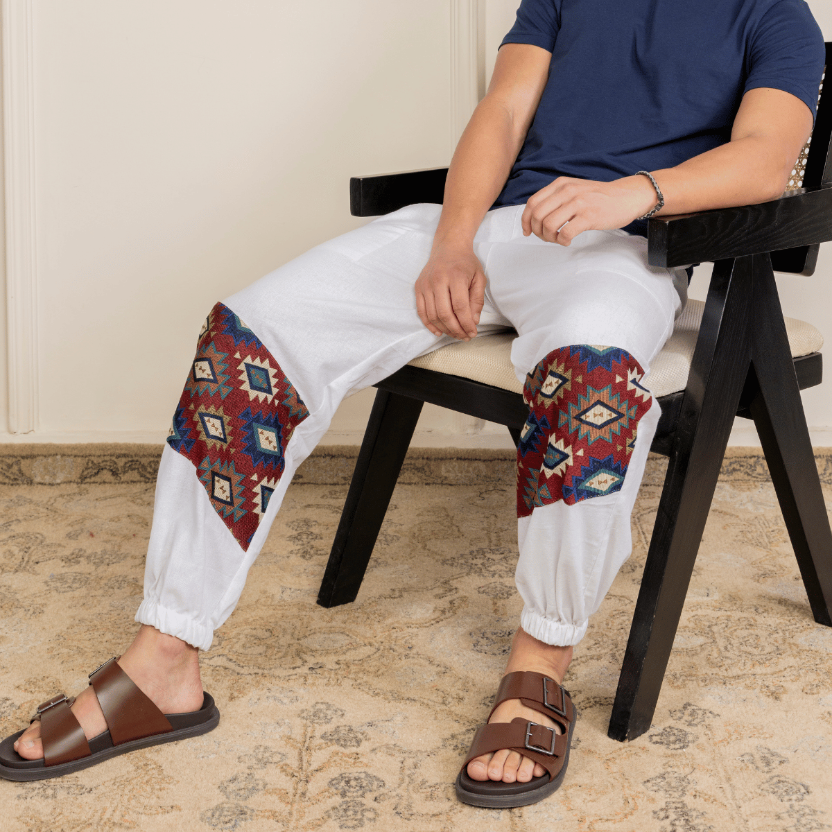 Men's Joggers | White Patterned Patch | Fits Waist Sizes 30" to 38" – Mens Pyjama on Brown Living™. SKU: H - 2_mWhite. Img 9.