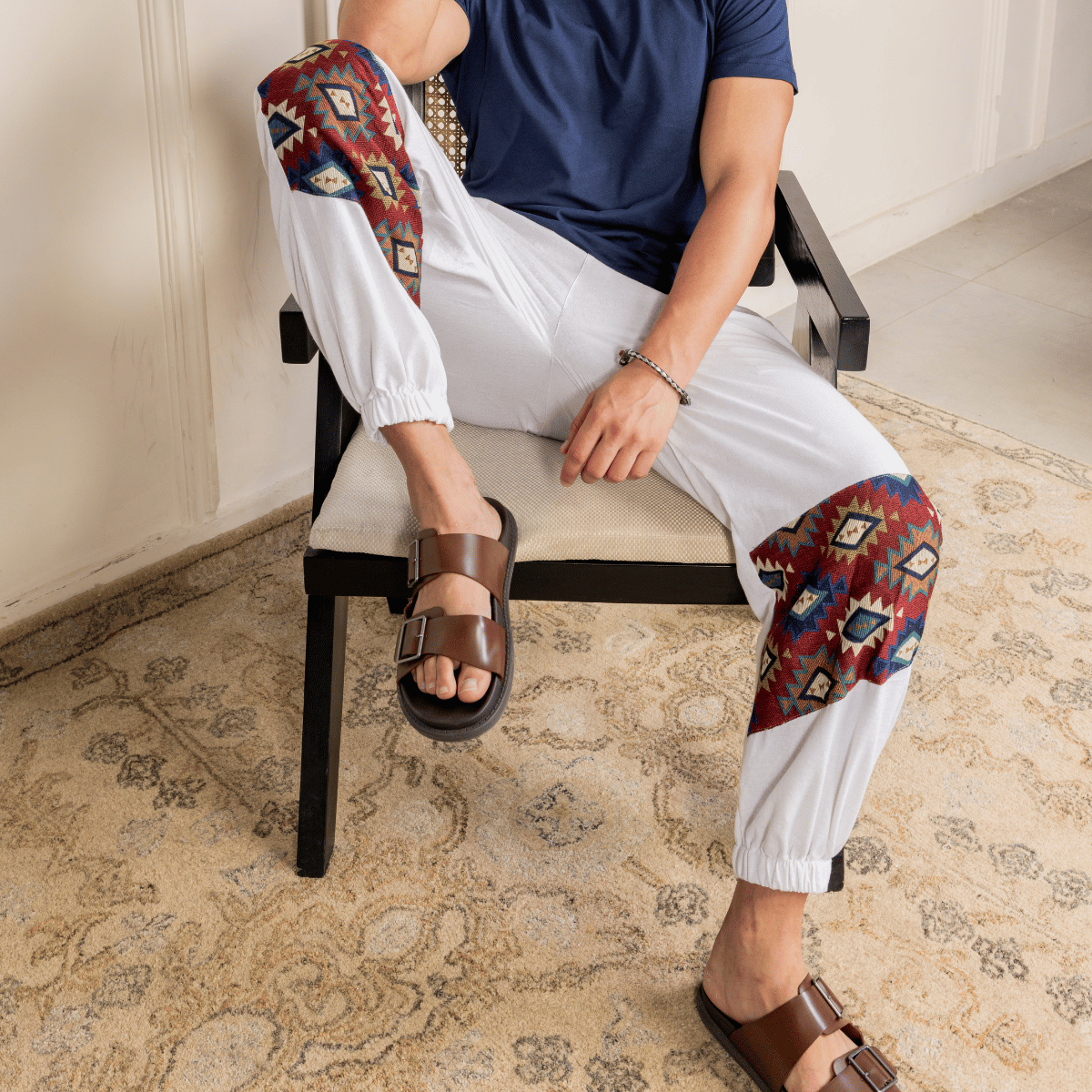 Men's Joggers | White Patterned Patch | Fits Waist Sizes 30" to 38" – Mens Pyjama on Brown Living™. SKU: H - 2_mWhite. Img 12.