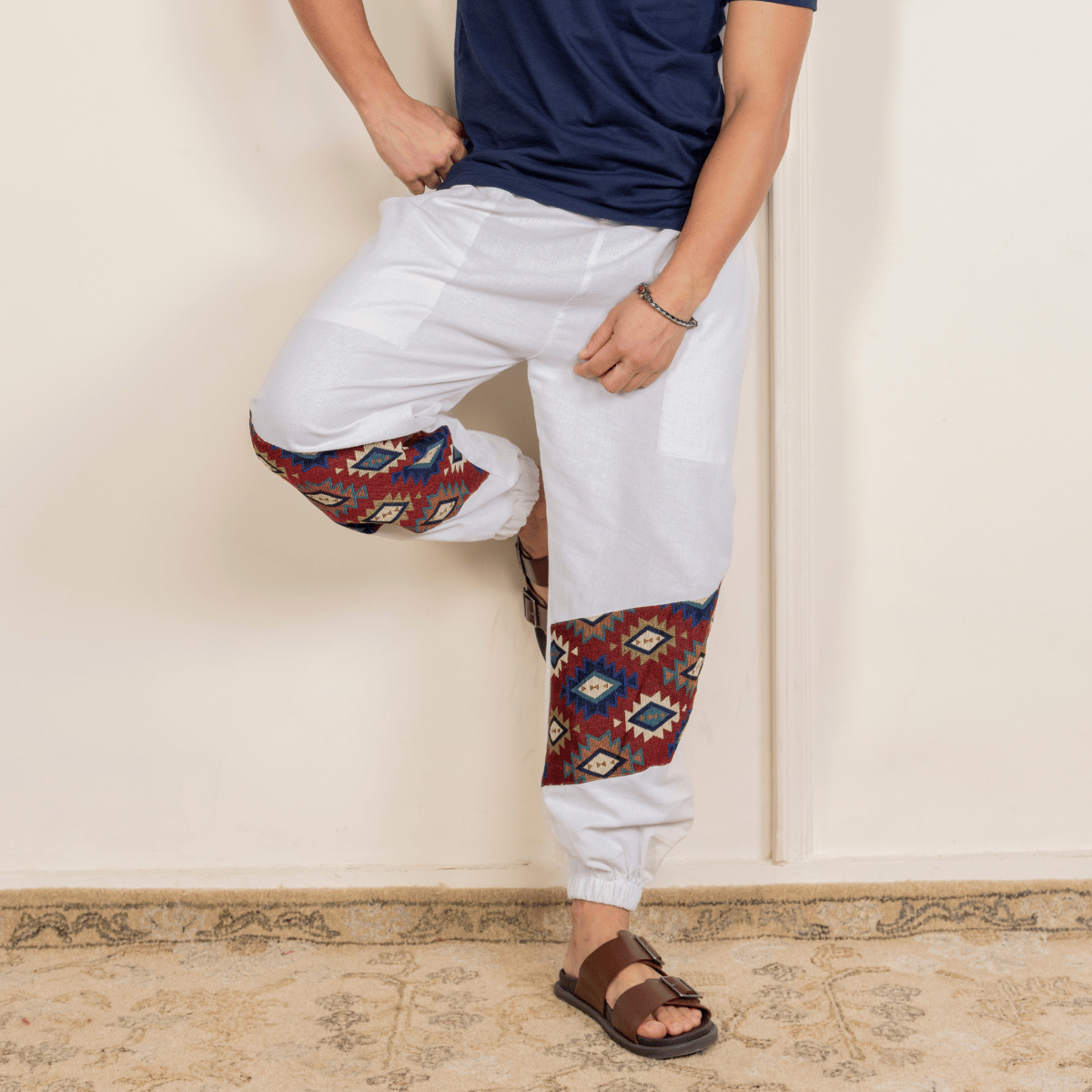 Men's Joggers | White Patterned Patch | Fits Waist Sizes 30" to 38" – Mens Pyjama on Brown Living™. SKU: H - 2_mWhite. Img 11.