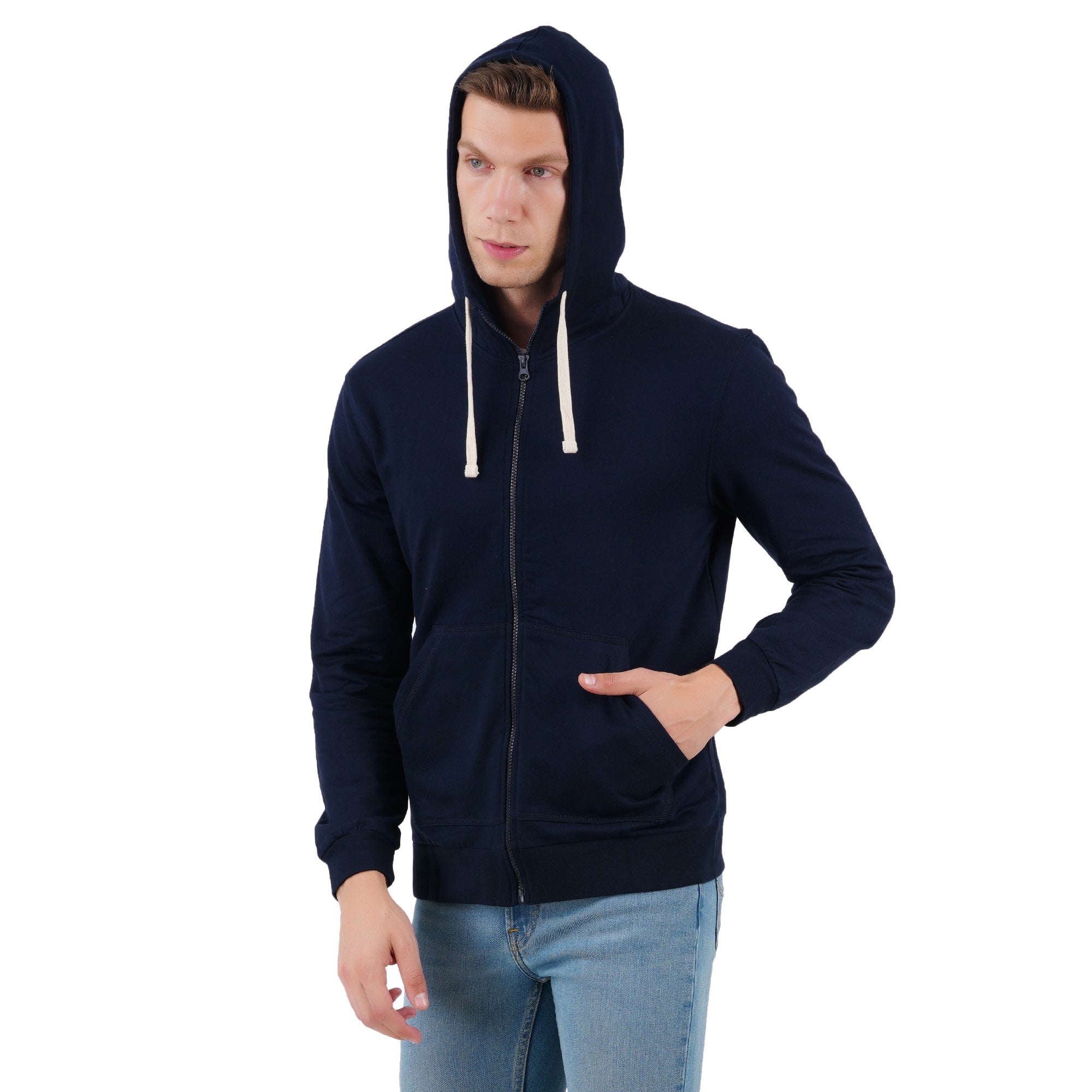 Men’s Navy Zipper Hoodie | Comfortable Everyday Layer – Mens Trousers on Brown Living™. SKU: ARZIKI59-NAVY-M. Img 3.