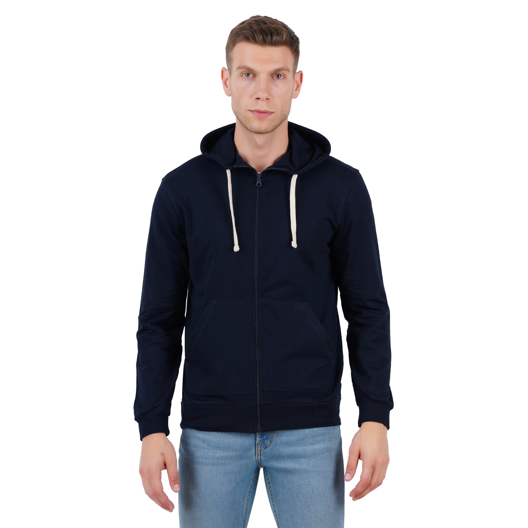 Men’s Navy Zipper Hoodie | Comfortable Everyday Layer – Mens Trousers on Brown Living™. SKU: ARZIKI59-NAVY-M. Img 1.