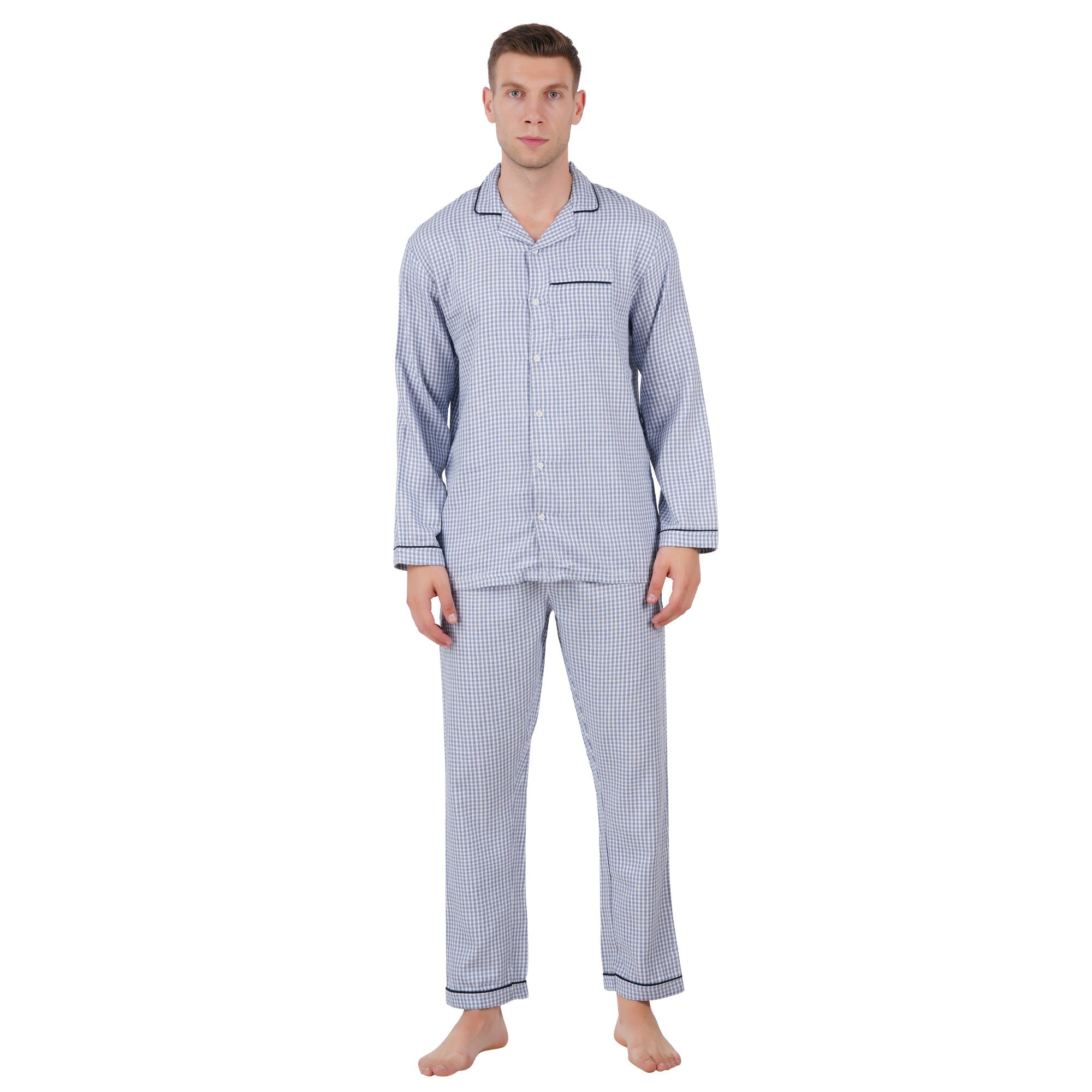 Men’s Nightwear Blue Checks | Comfortable Sleepwear – Mens Trousers on Brown Living™. SKU: ARZIKI108-BLUECHECKS-M. Img 1.