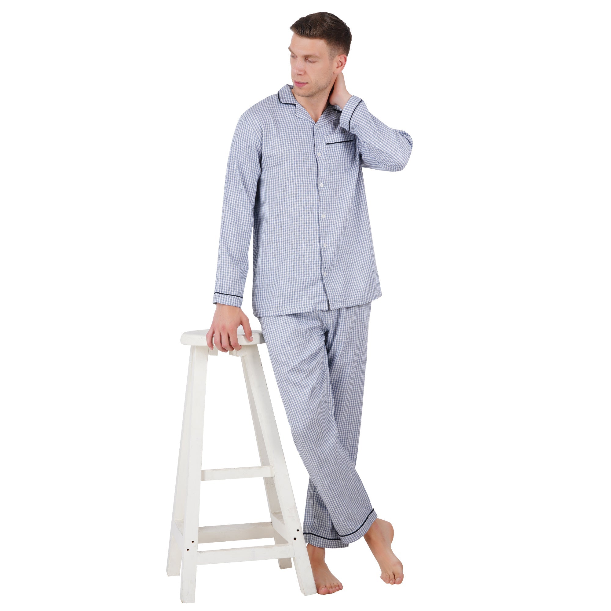 Men’s Nightwear Blue Checks | Comfortable Sleepwear – Mens Trousers on Brown Living™. SKU: ARZIKI108-BLUECHECKS-M. Img 4.