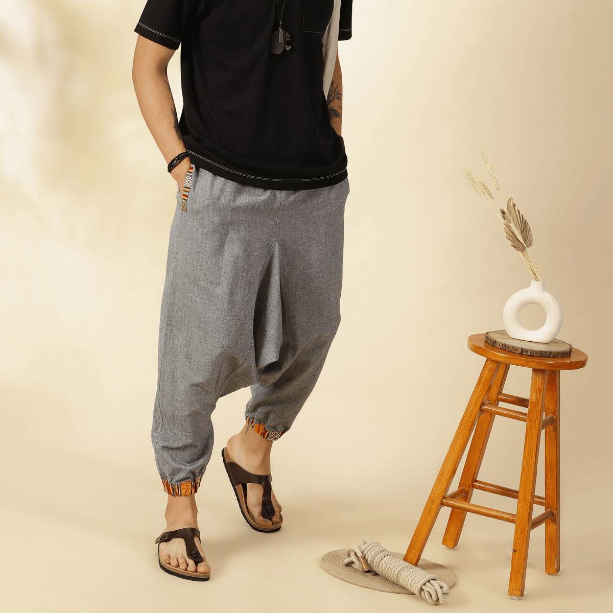 Men's Tribal Harem | Grey | Fits Waist Sizes 28 to 36 Inches – Mens Pyjama by Hope - House of Pure Eco available on Brown Living™. . SKU: AT01023ND. Img 1.