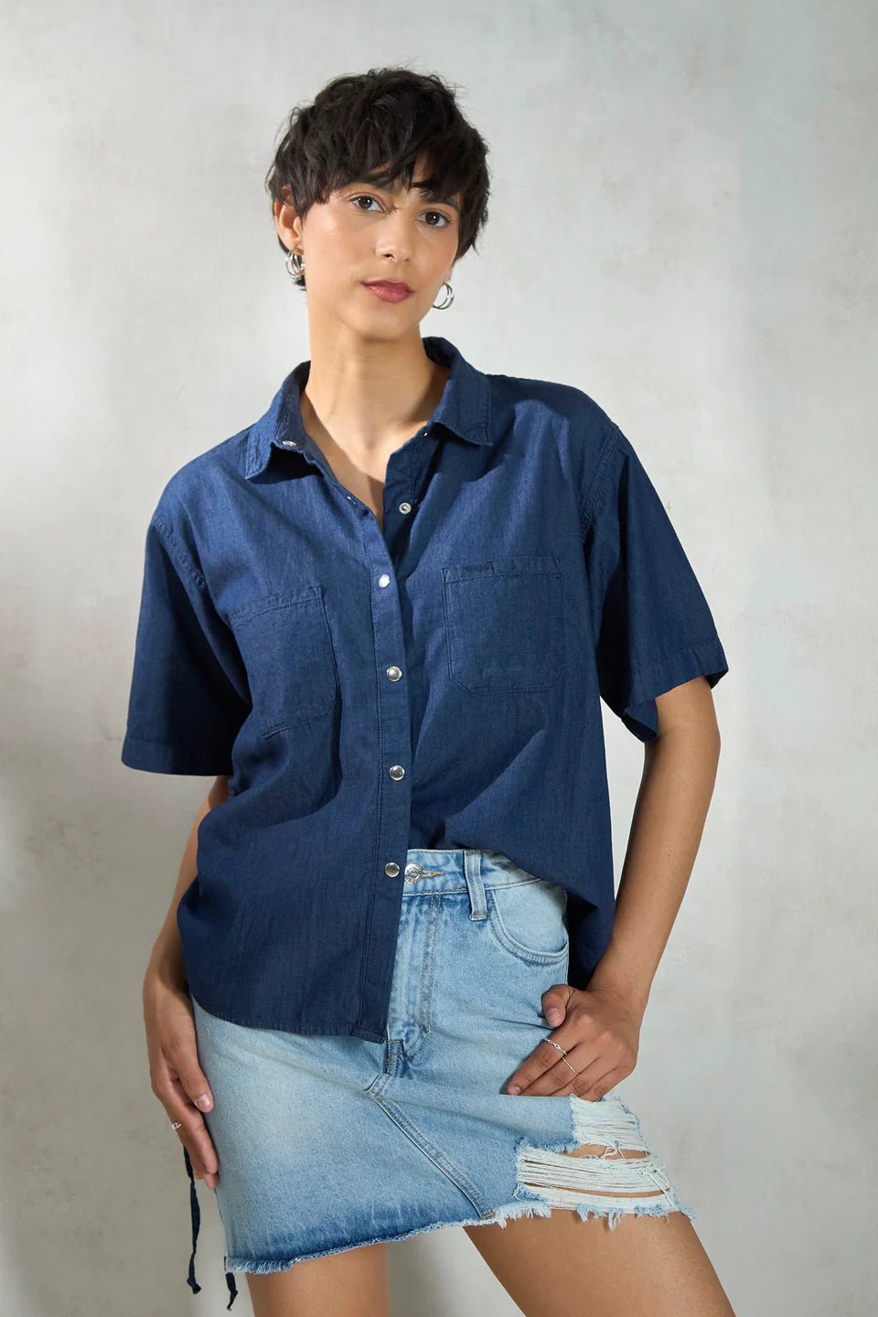 Mid Indigo Cotton Half Sleeve Shirt for Women – Womens Shirt on Brown Living™. SKU: UNBHUSH1001002XL-654. Img 1.