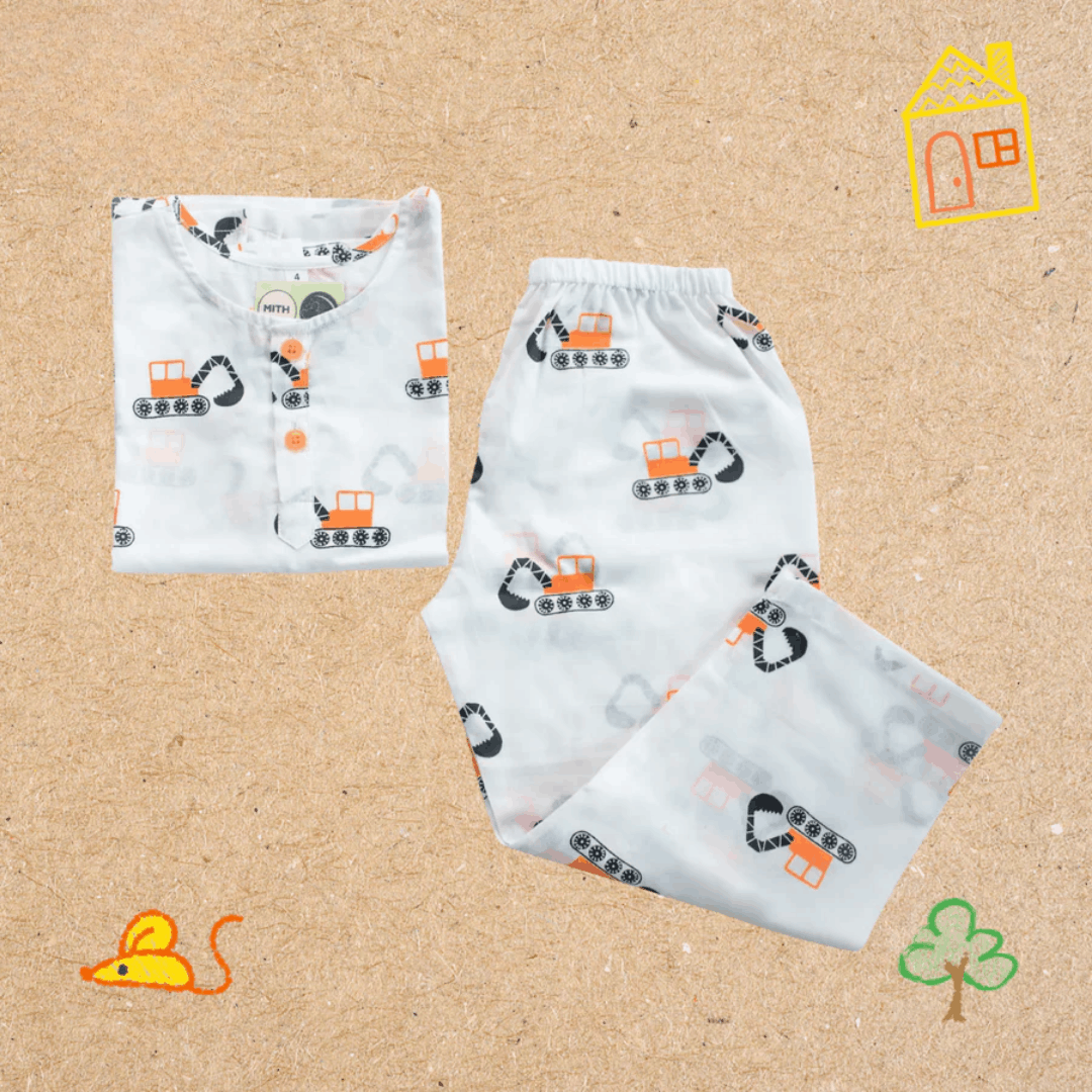 Mighty Bulldozer - Unisex Kids Cotton Nightwear – Kids Pyjamas on Brown Living™. SKU: MITHNW-023-1. Img 2.