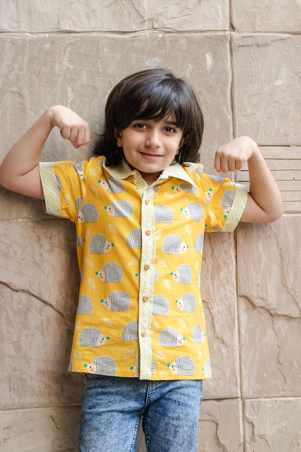 Milo Shirt I Yellow Hedgehog Print Cotton Shirt for Boys – Kids Daywear Sets on Brown Living™. SKU: ZBHSE. Img 2.