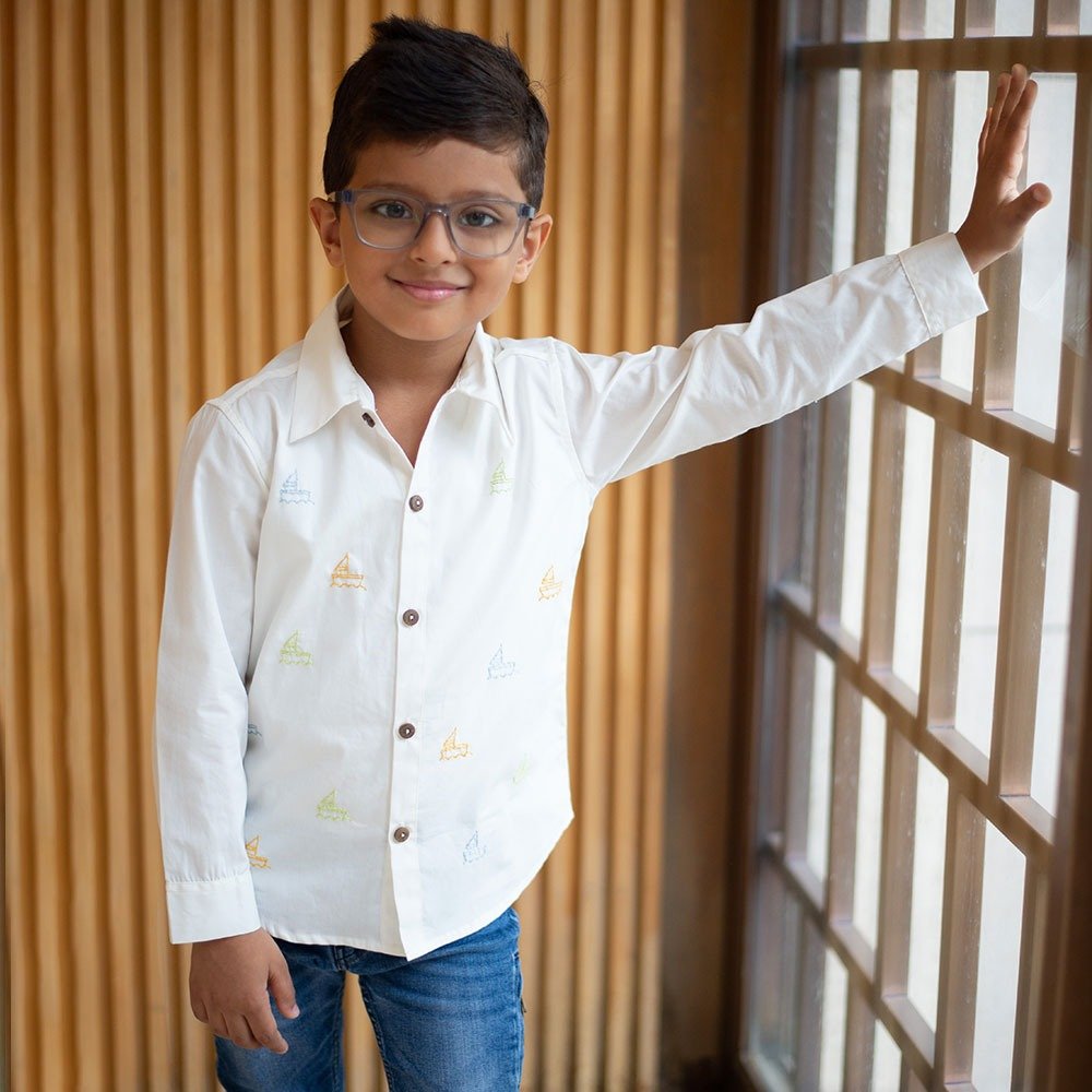 Mini Sail Boats Embroidered Organic Cotton Shirt - White – Kids Shirts on Brown Living™. SKU: NANFS001EMB053 - 6Y. Img 6.