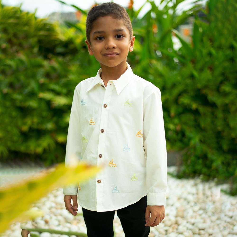 Mini Sail Boats Embroidered Organic Cotton Shirt - White – Kids Shirts on Brown Living™. SKU: NANFS001EMB053 - 7Y. Img 7.