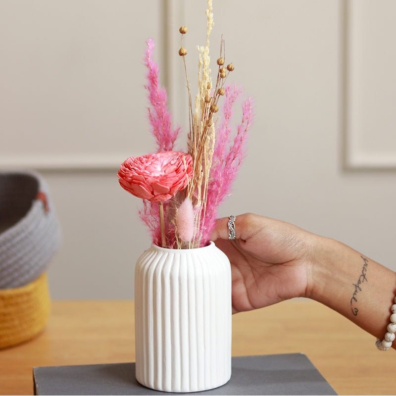 Mini Snow White Ceramic Vase with Dried Aroma Bunch – Vases on Brown Living™. SKU: 299. Img 1.
