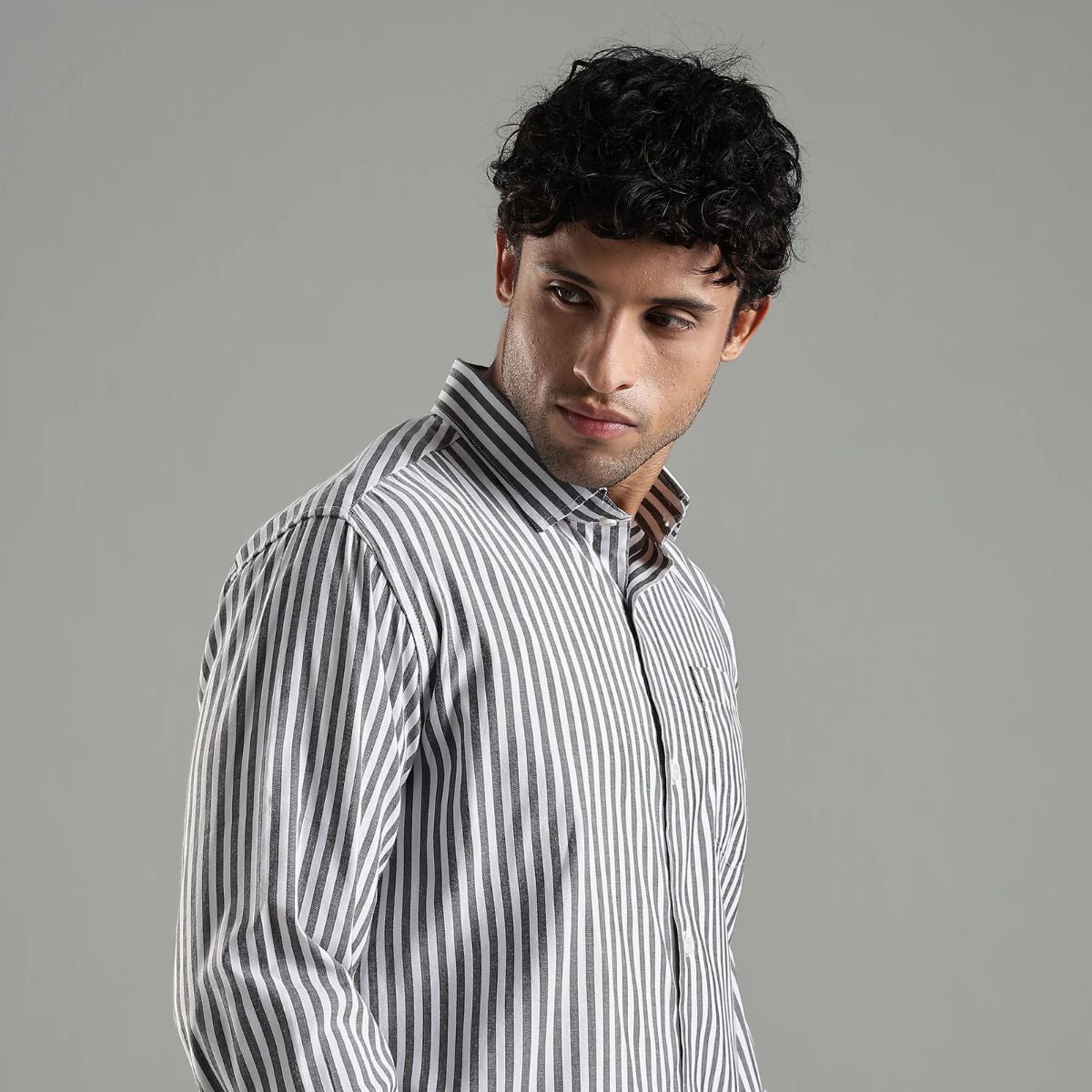 Minimalist Grey and White Cotton Shadow Stripes Shirt – Mens Shirt on Brown Living™. SKU: CS - BW - H - S. Img 5.