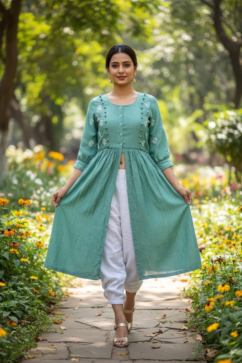 Mint Green Linen Kurta for Women – Everyday Wear – Womens Kurta on Brown Living™. SKU: k14014. Img 5.
