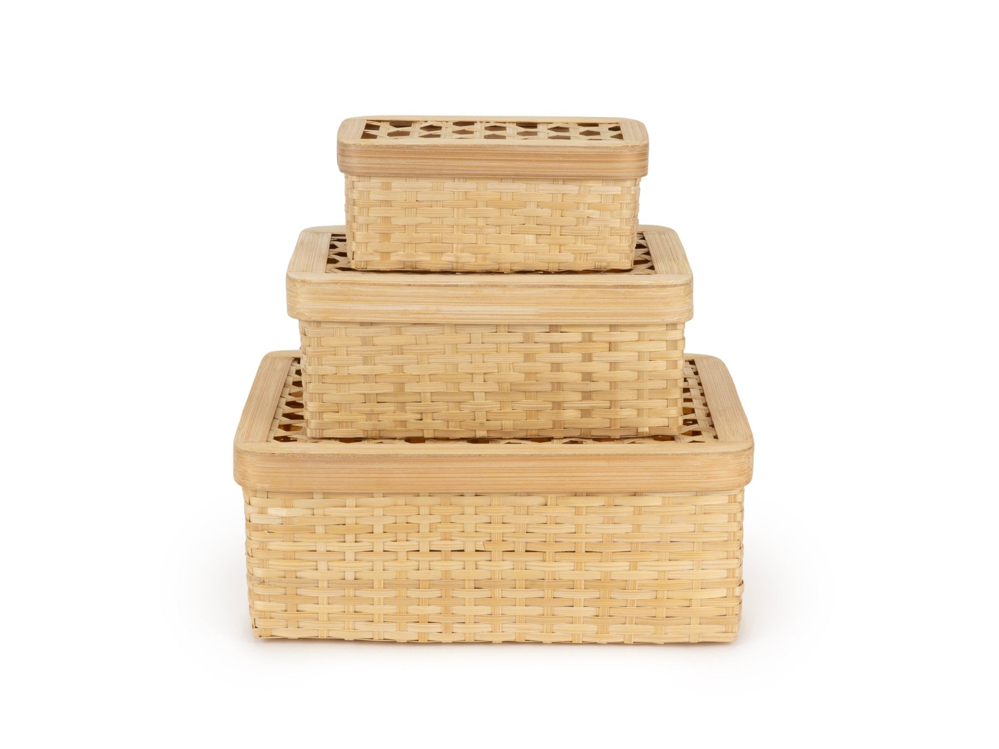 Mira Handcrafted Bamboo Rectangular Box - Set of 3 – Baskets & Boxes on Brown Living™. SKU: GB-2648. Img 2.