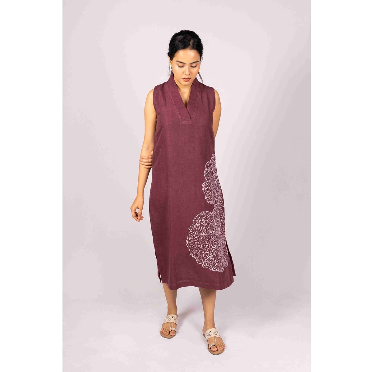 Mitti Dress With Kantha Work For Women – Womens Dress on Brown Living™. SKU: HD1027WineXS. Img 1.