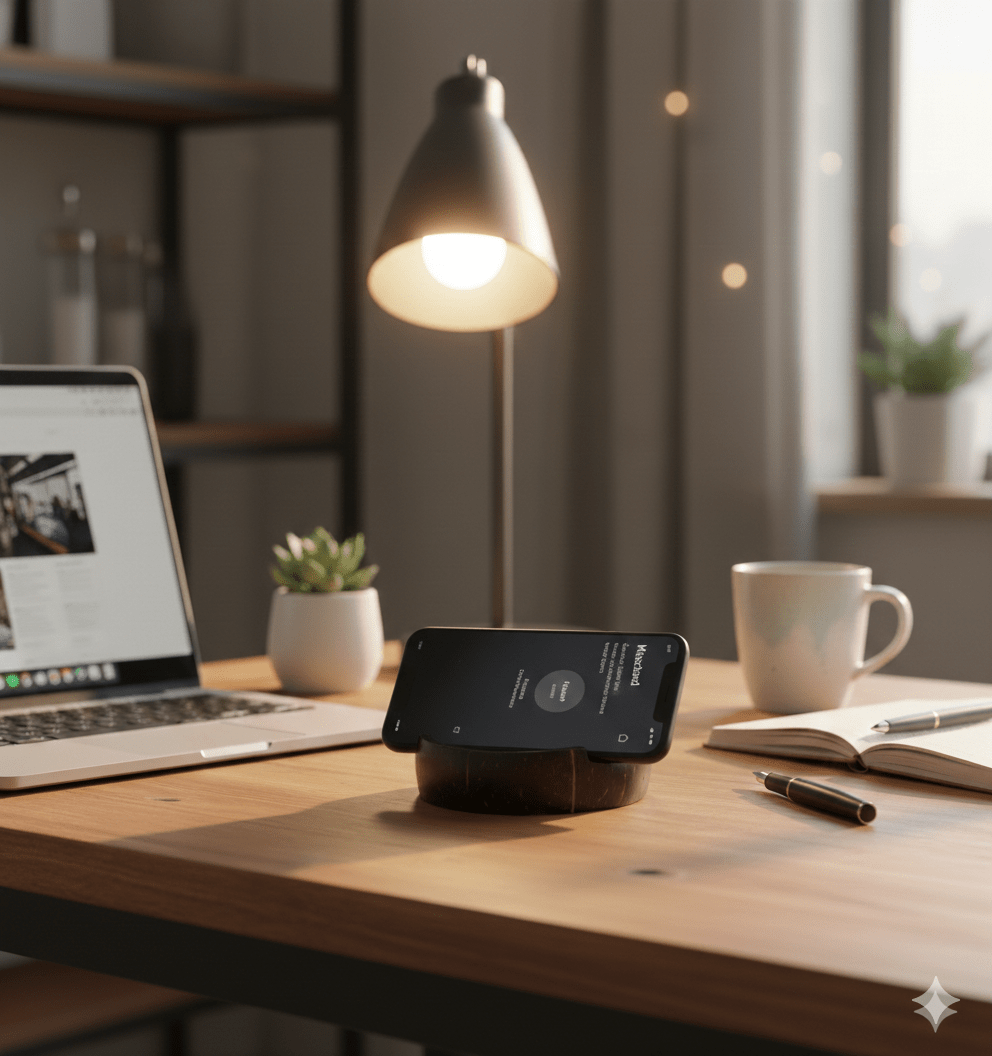 Mobile Holder | Made with Coconut Shell – Desk Accessories on Brown Living™. SKU: KOT-HU-003. Img 3.