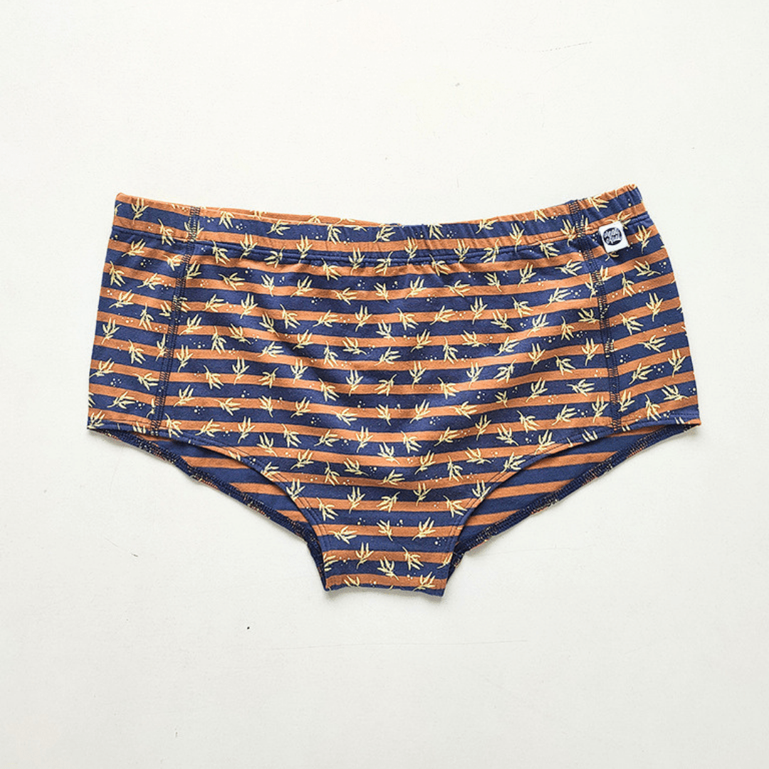 Mocha Leaves & Ocean Blues Organic Cotton Boyshorts | Pack of 2 – Womens Underwear on Brown Living™. SKU: 004BSBrown-NavyXs. Img 3.