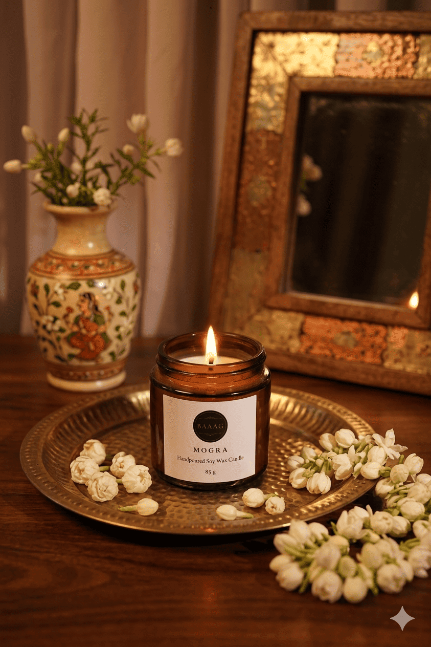 Mogra Soy Candle - Natural Madurai Jasmine Fragrance – Candles & Fragrances on Brown Living™. SKU: BGSC000007. Img 5.