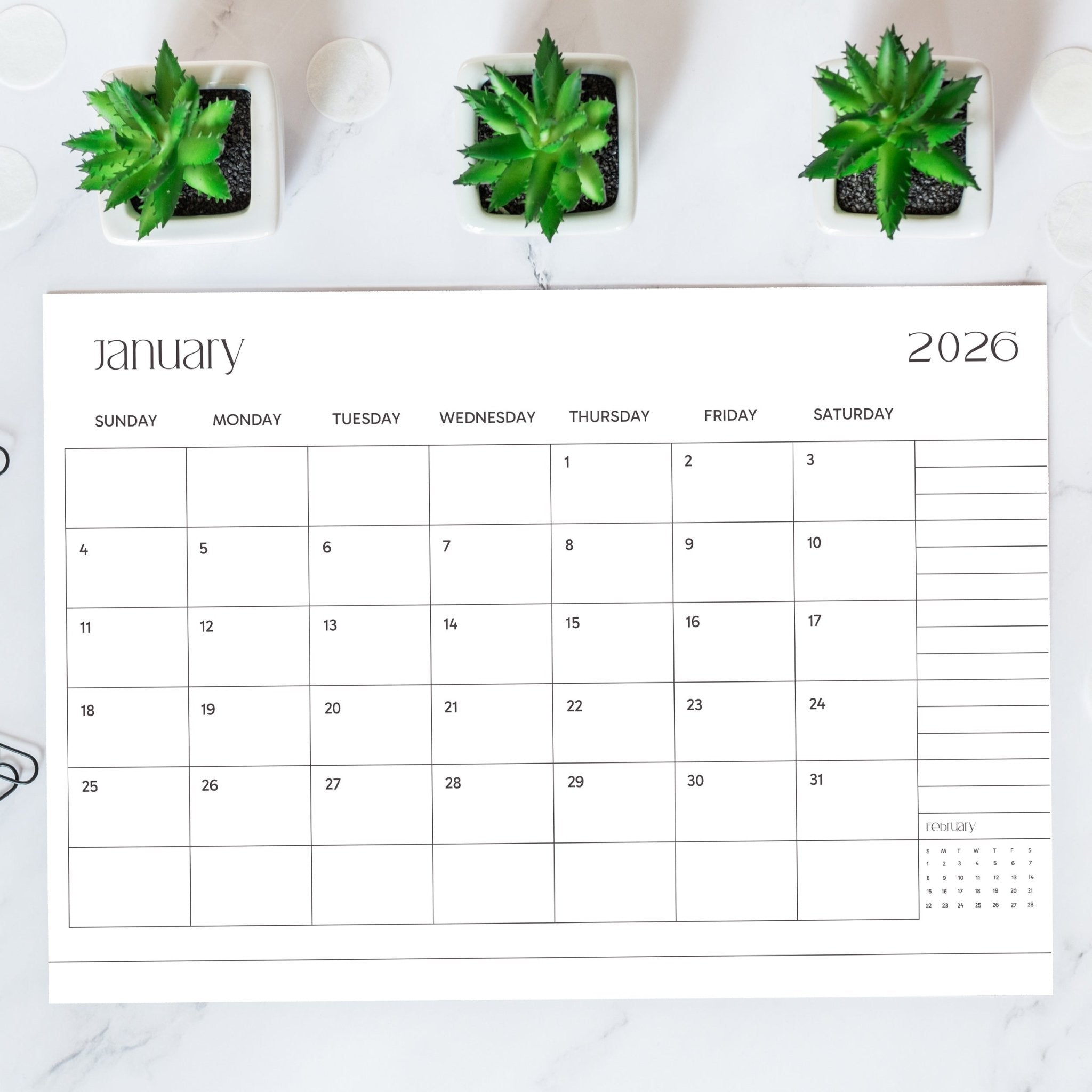 Monthly Desk Mat Calendar 2026 – Planner Refill (Jan–Dec) – Desk Accessories on Brown Living™. SKU: 06-CA06-FlayLay. Img 1.