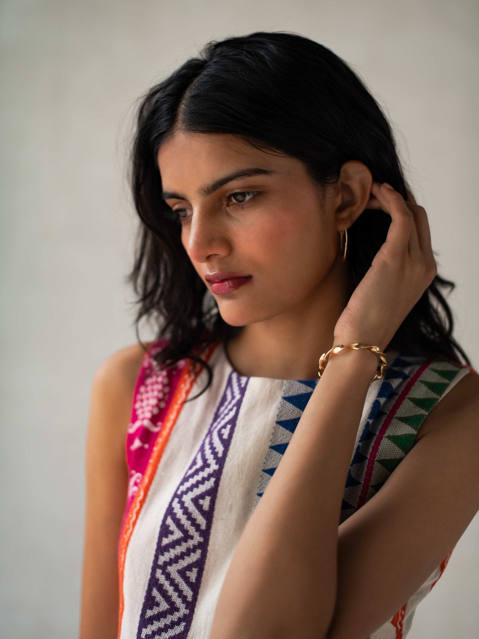 Multicolor Cotton Jacquard Asymmetrical Sleeveless Top for Women – Womens Top on Brown Living™. SKU: DCSS25T03S. Img 2.