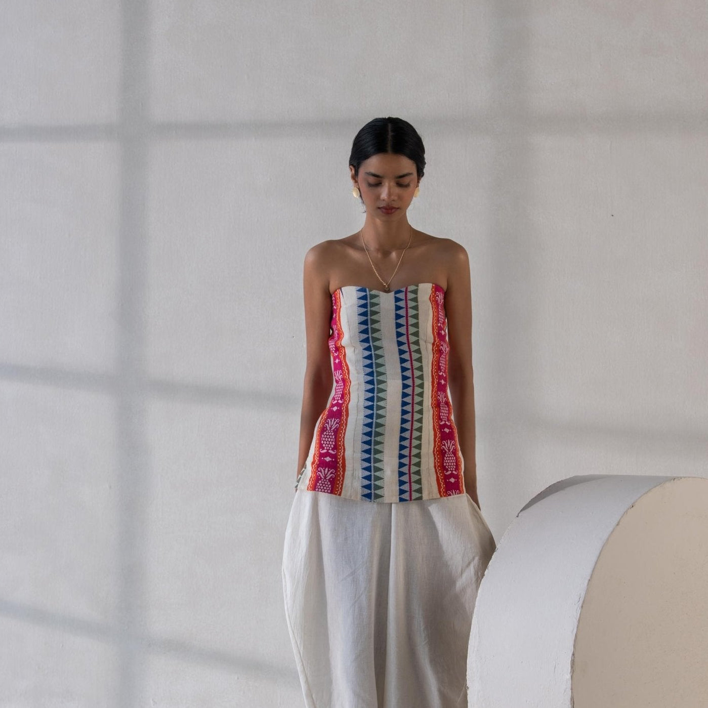 Multicolor Cotton Jacquard Tube Top for Women – Womens Top on Brown Living™. SKU: DCSS25T01S. Img 3.