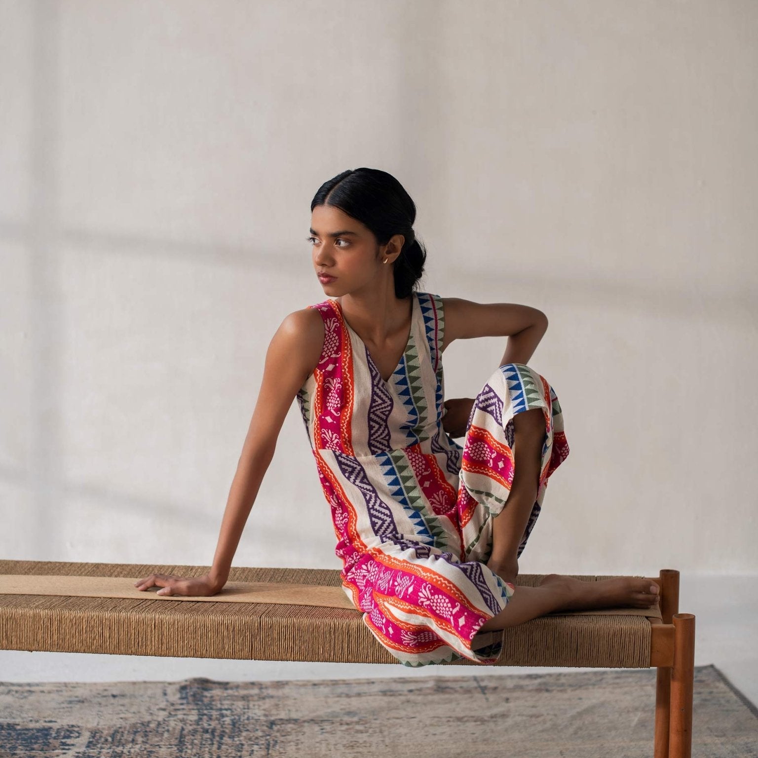 Multicolored Cotton Jacquard Flared Jumpsuit for Women – Womens Jumpsuit on Brown Living™. SKU: DCSS25D01S. Img 1.