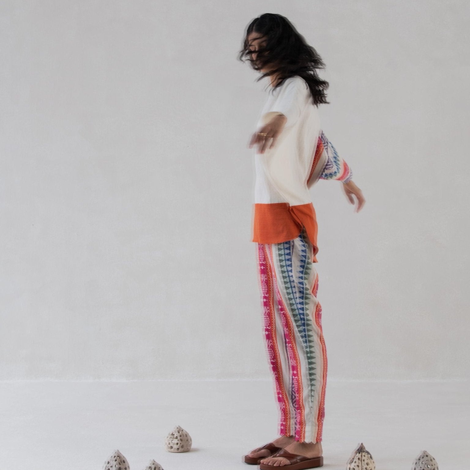 Multicolored Cotton Jacquard Scalloped Straight Pants for Women – Womens Pants on Brown Living™. SKU: DCSS25B04S. Img 7.