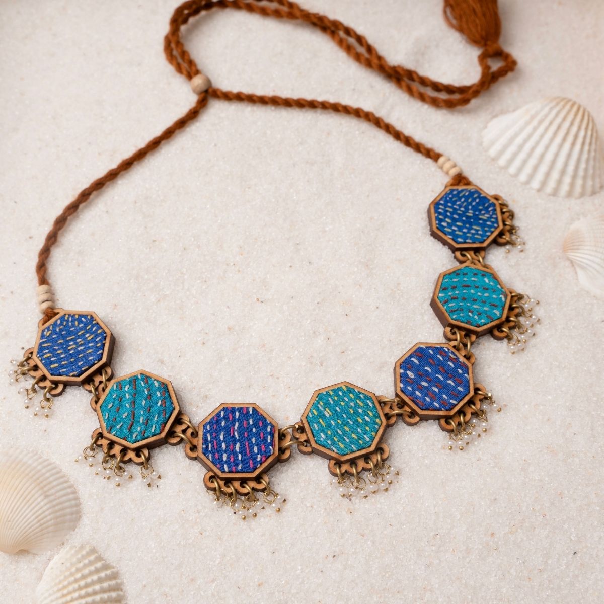 Multicolour Kantha Repurposed Silk Fabric & Wood Jewellery Set – Womens Earrings on Brown Living™. SKU: JCC047. Img 3.