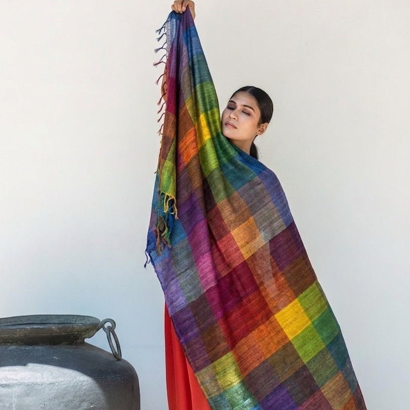 Multicolour Madras Checks Tussar Peace Silk Scarf – Womens Scarf on Brown Living™. SKU: NAESA104. Img 1.