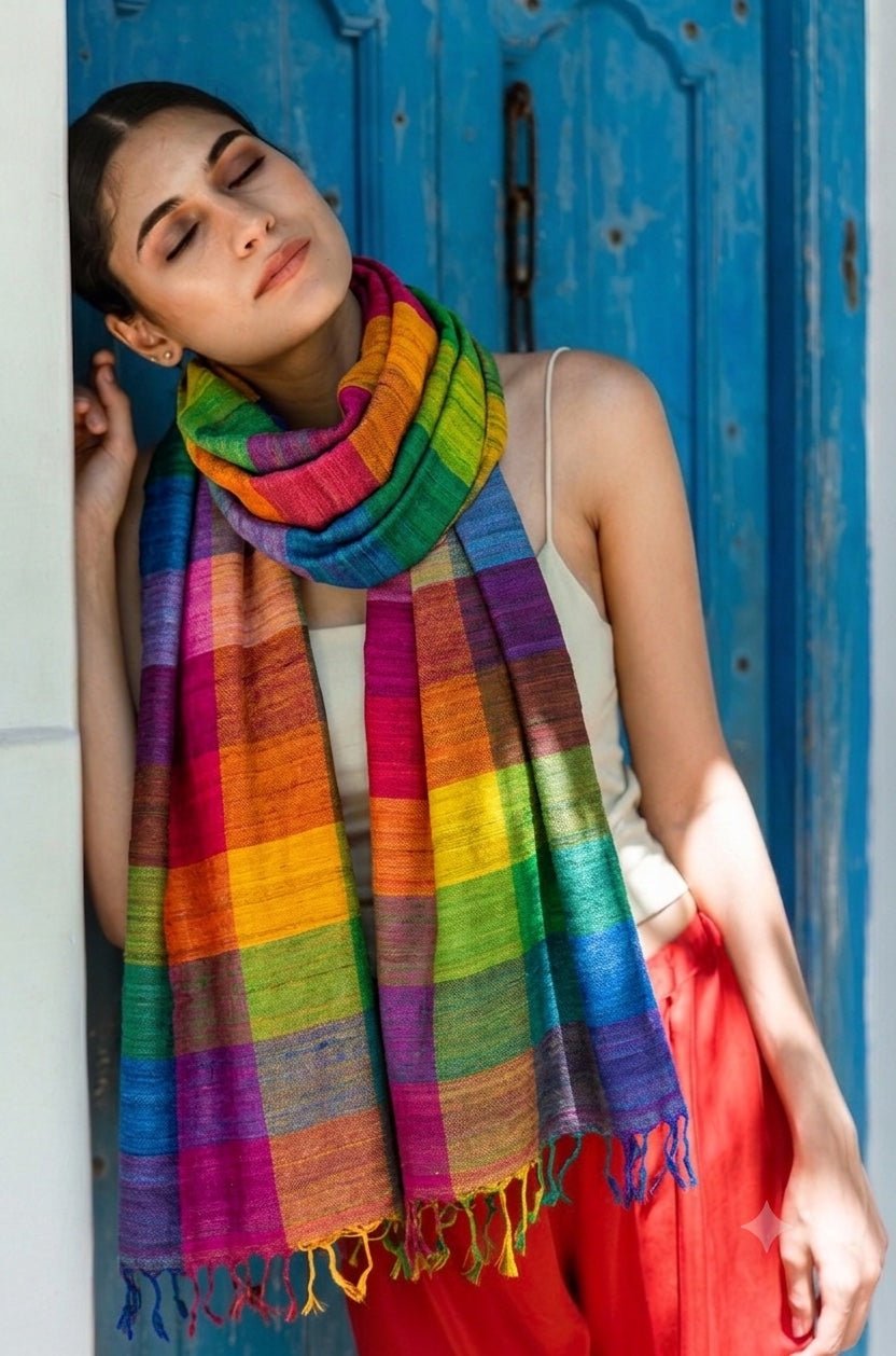 Multicolour Madras Checks Tussar Peace Silk Scarf – Womens Scarf on Brown Living™. SKU: NAESA104. Img 5.