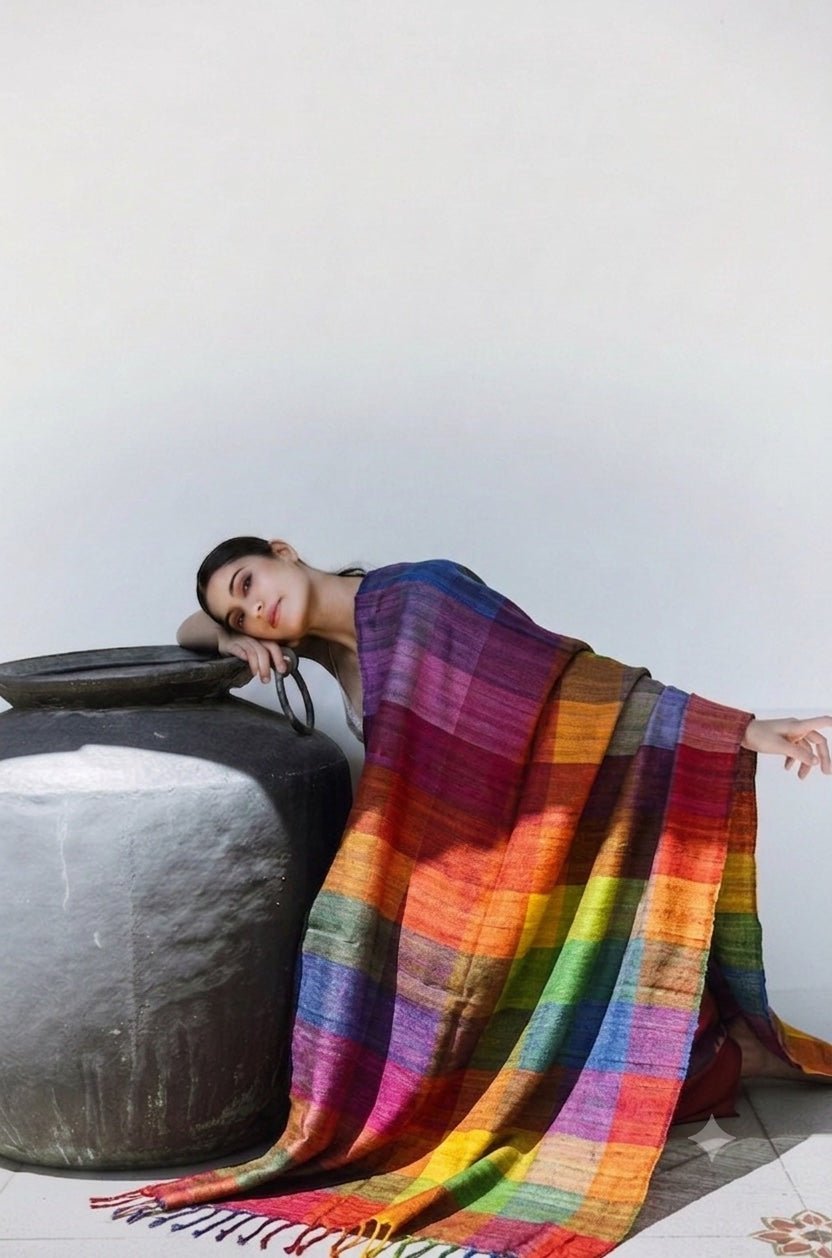 Multicolour Madras Checks Tussar Peace Silk Scarf – Womens Scarf on Brown Living™. SKU: NAESA104. Img 2.