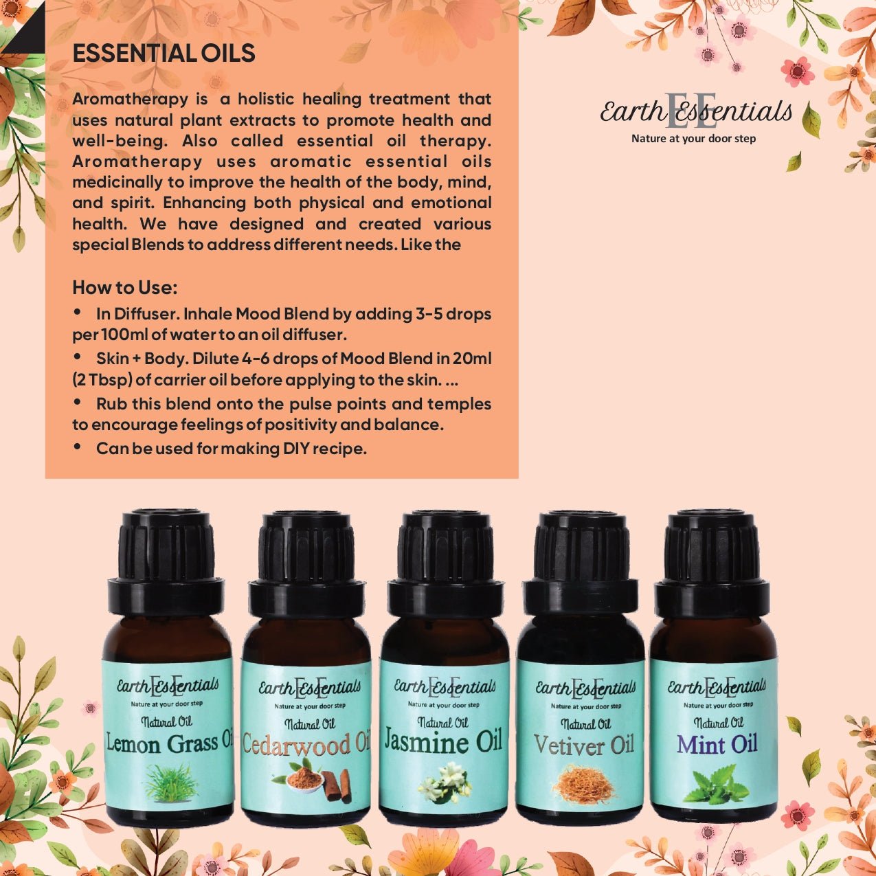 Natural Aroma Oils Set of 5 – Essential Oils Combo Pack 75 ml – Essential Oils on Brown Living™. SKU: EO-1. Img 3.