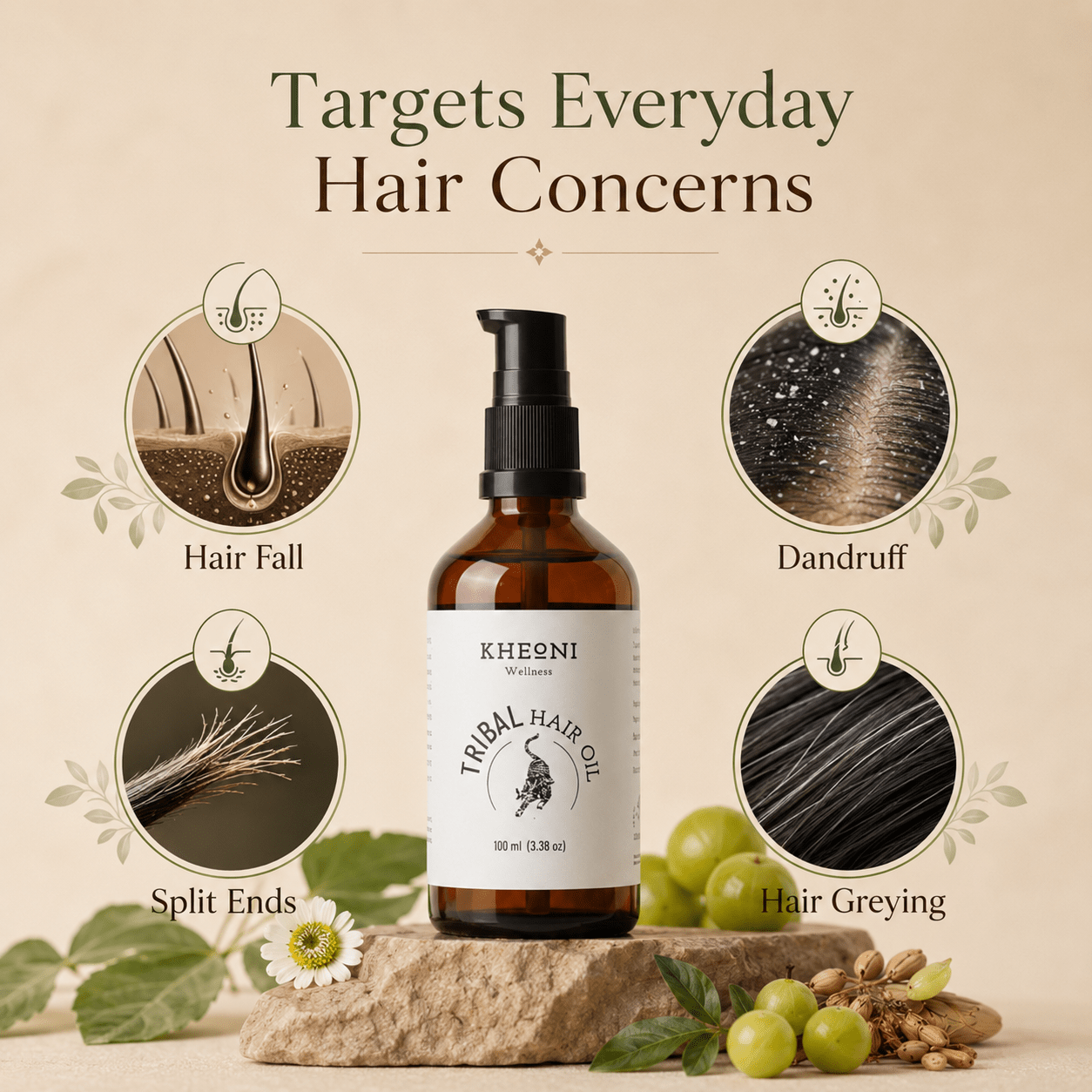 Natural Ayurvedic Hair Oil | Hair Growth, Hair Fall & Scalp Care – Hair Oil on Brown Living™. SKU: kh_triblhairoil_01. Img 7.