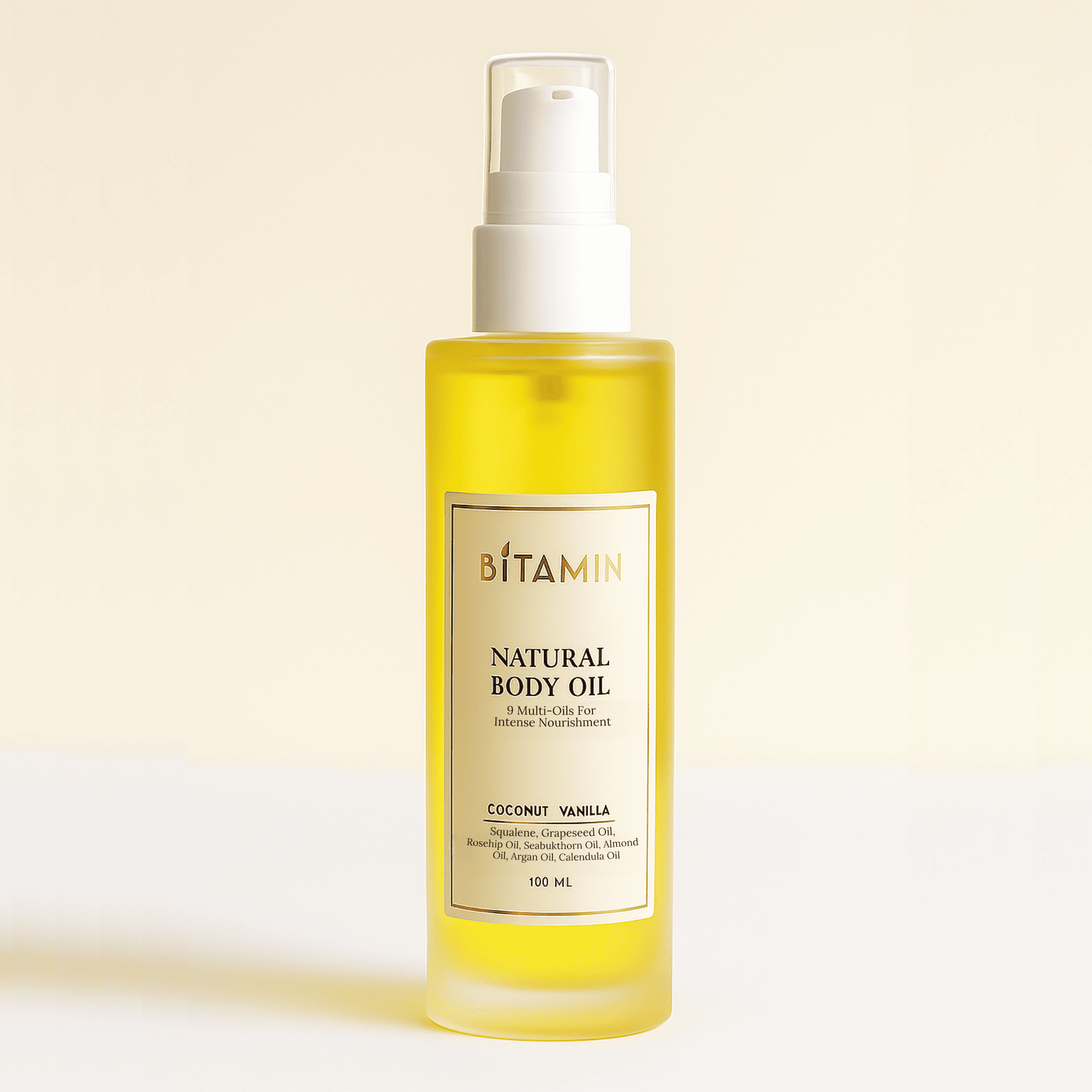 Natural Body Oil - Coconut Vanilla - 100 ML – Body Oil on Brown Living™. SKU: BodyoilC. Img 6.