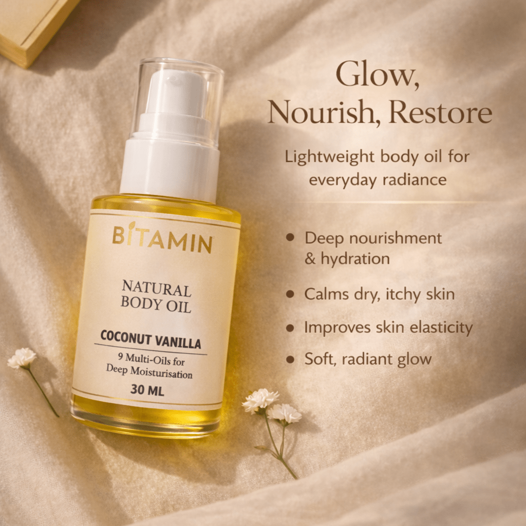 Natural Body Oil Coconut Vanilla 30ml Nourishing Skin Oil – Body Oil on Brown Living™. SKU: bodyoil30ml. Img 5.