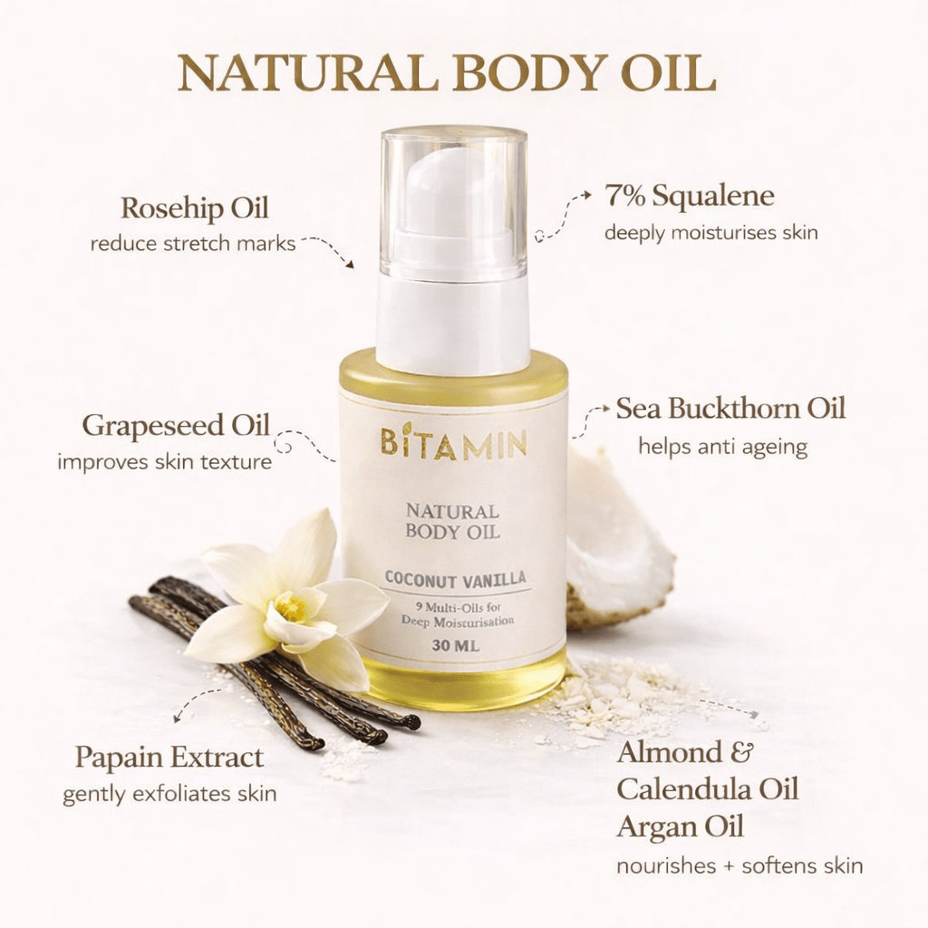 Natural Body Oil Coconut Vanilla 30ml Nourishing Skin Oil – Body Oil on Brown Living™. SKU: bodyoil30ml. Img 2.