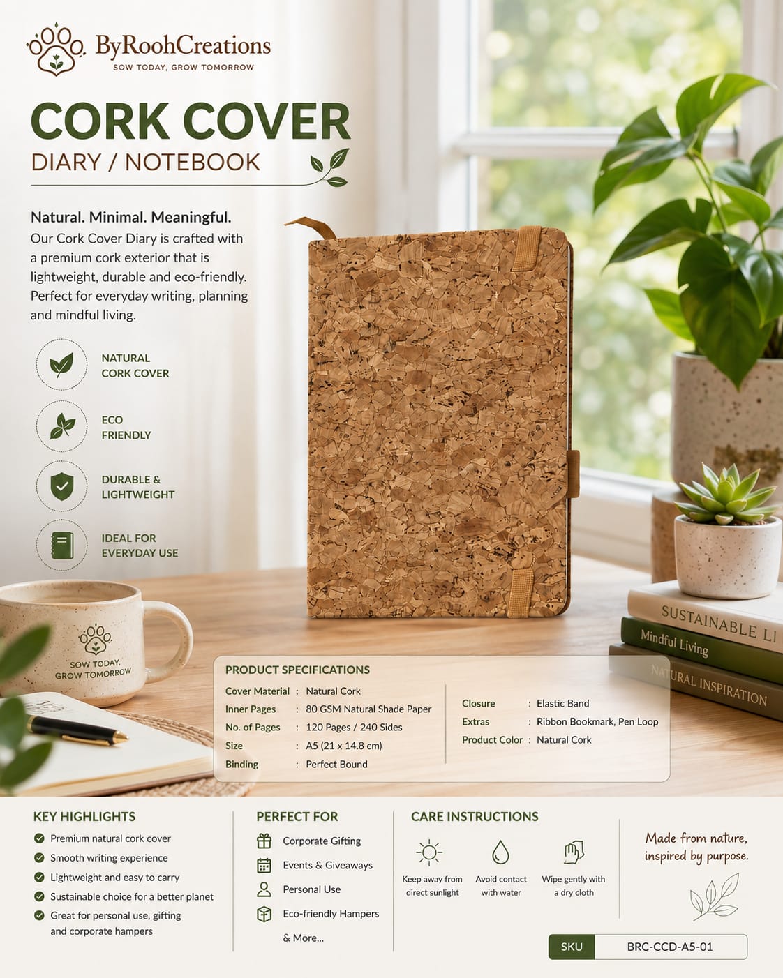 Natural Cork Cover A5 Diary | Eco-Friendly Sustainable Notebook – Notebooks & Notepads on Brown Living™. SKU: BRC-CCD-A5-01. Img 4.