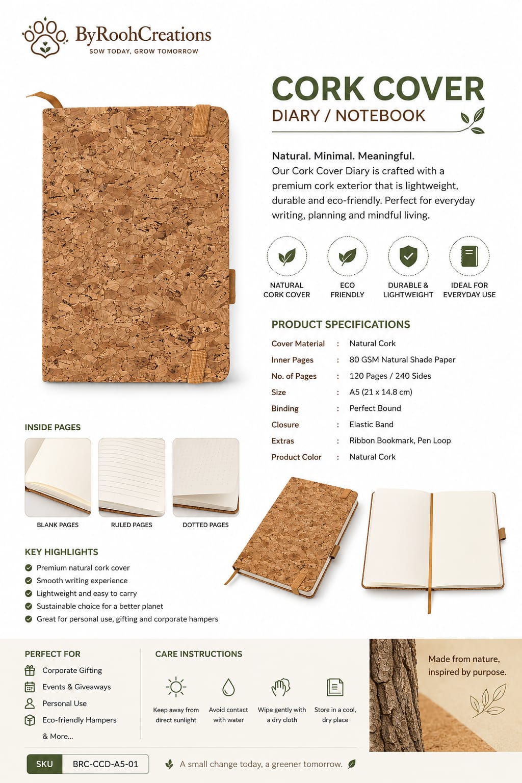 Natural Cork Cover A5 Diary | Eco-Friendly Sustainable Notebook – Notebooks & Notepads on Brown Living™. SKU: BRC-CCD-A5-01. Img 3.