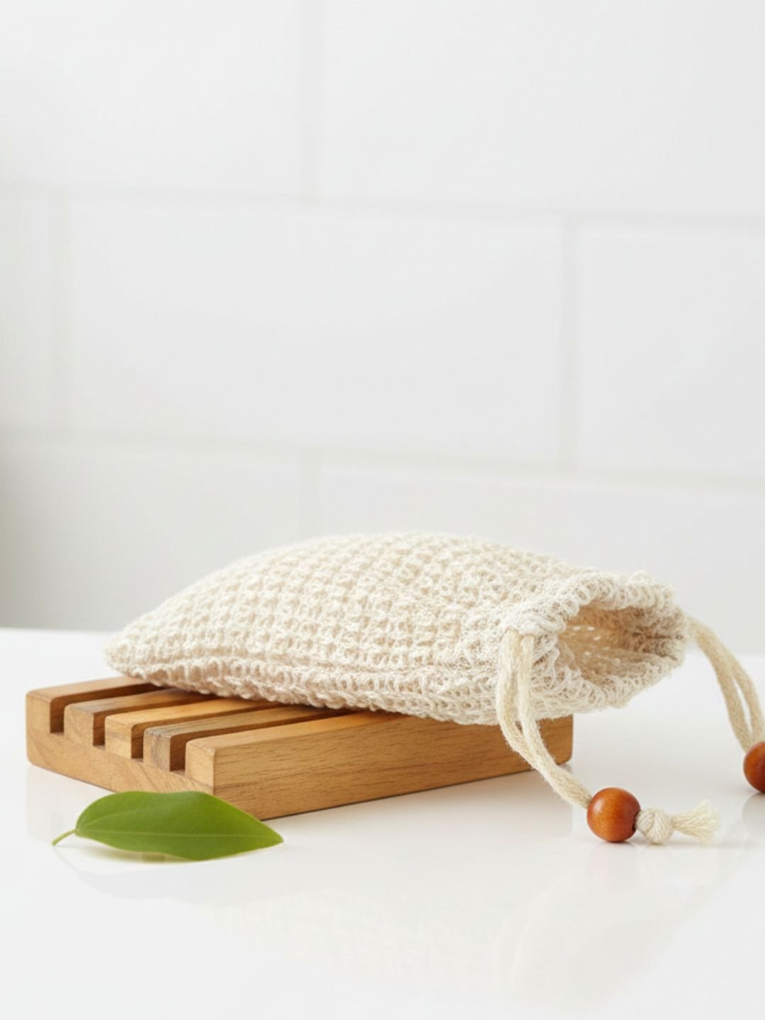 Natural Ramie Soap Saver Pouch & Bamboo Wood Soap Dish – Bath Accessories on Brown Living™. SKU: KOE024-SD-SS. Img 1.