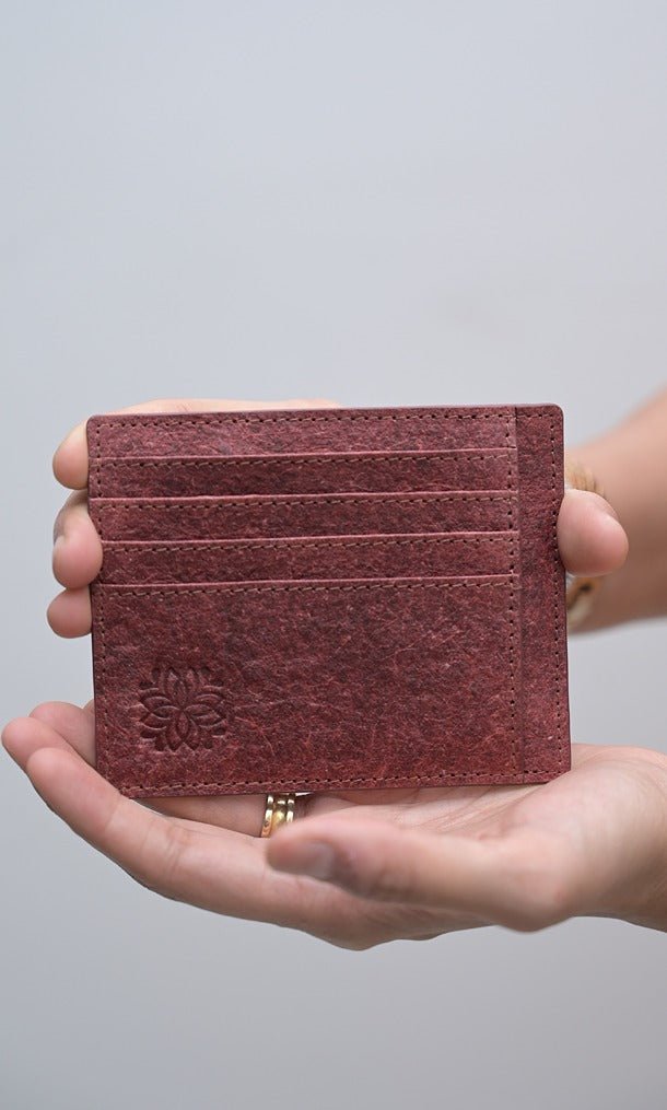 Natural Red Vegan Pocket Card Holder | Made from Coconut Leather – Passport Wallet on Brown Living™. SKU: zk020. Img 1.