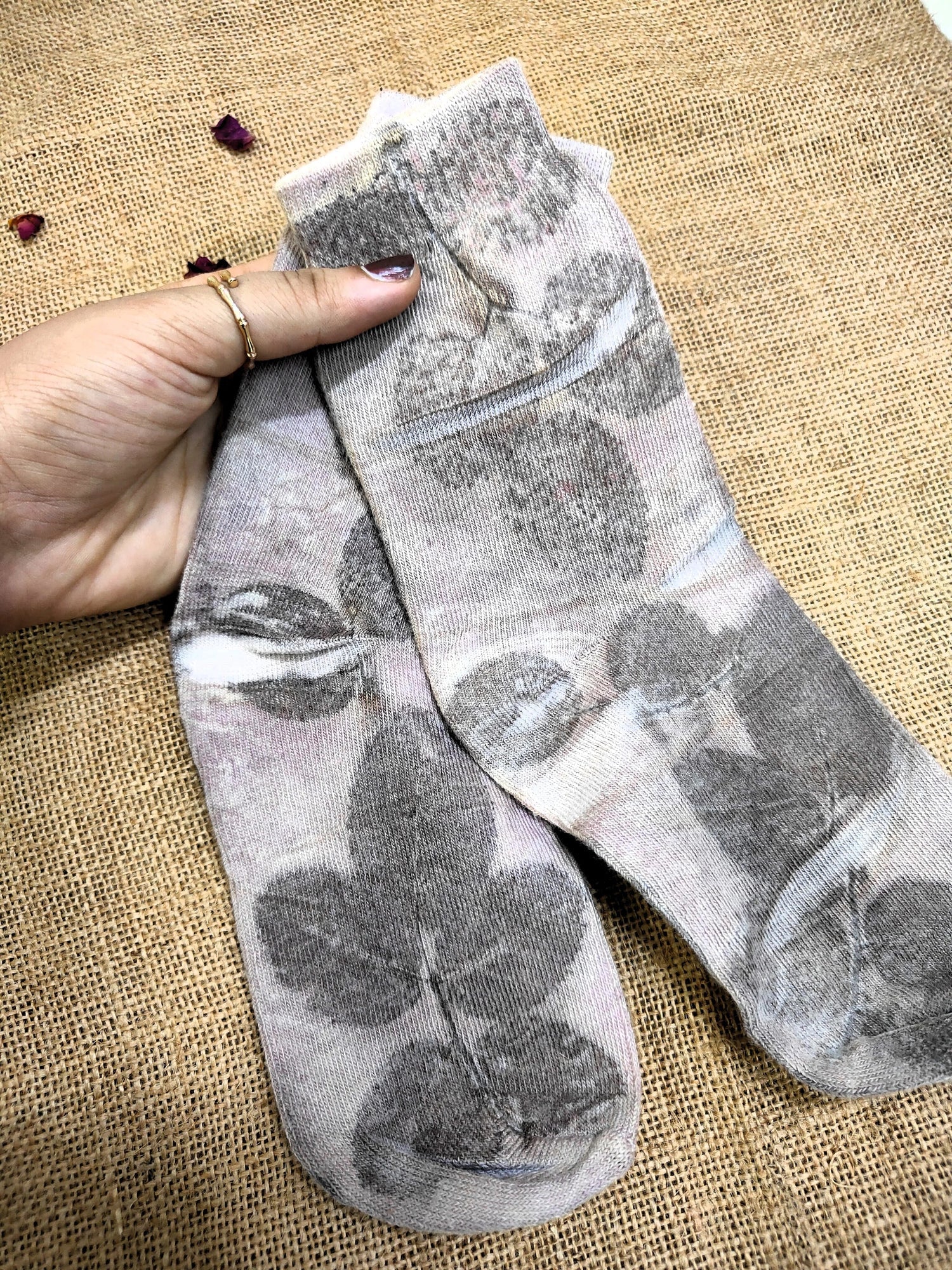 Naturally Dyed Sappan Leaf Ecoprinted Pure Cotton Socks – Womens Socks on Brown Living™. SKU: PC-SOCKS-02. Img 2.