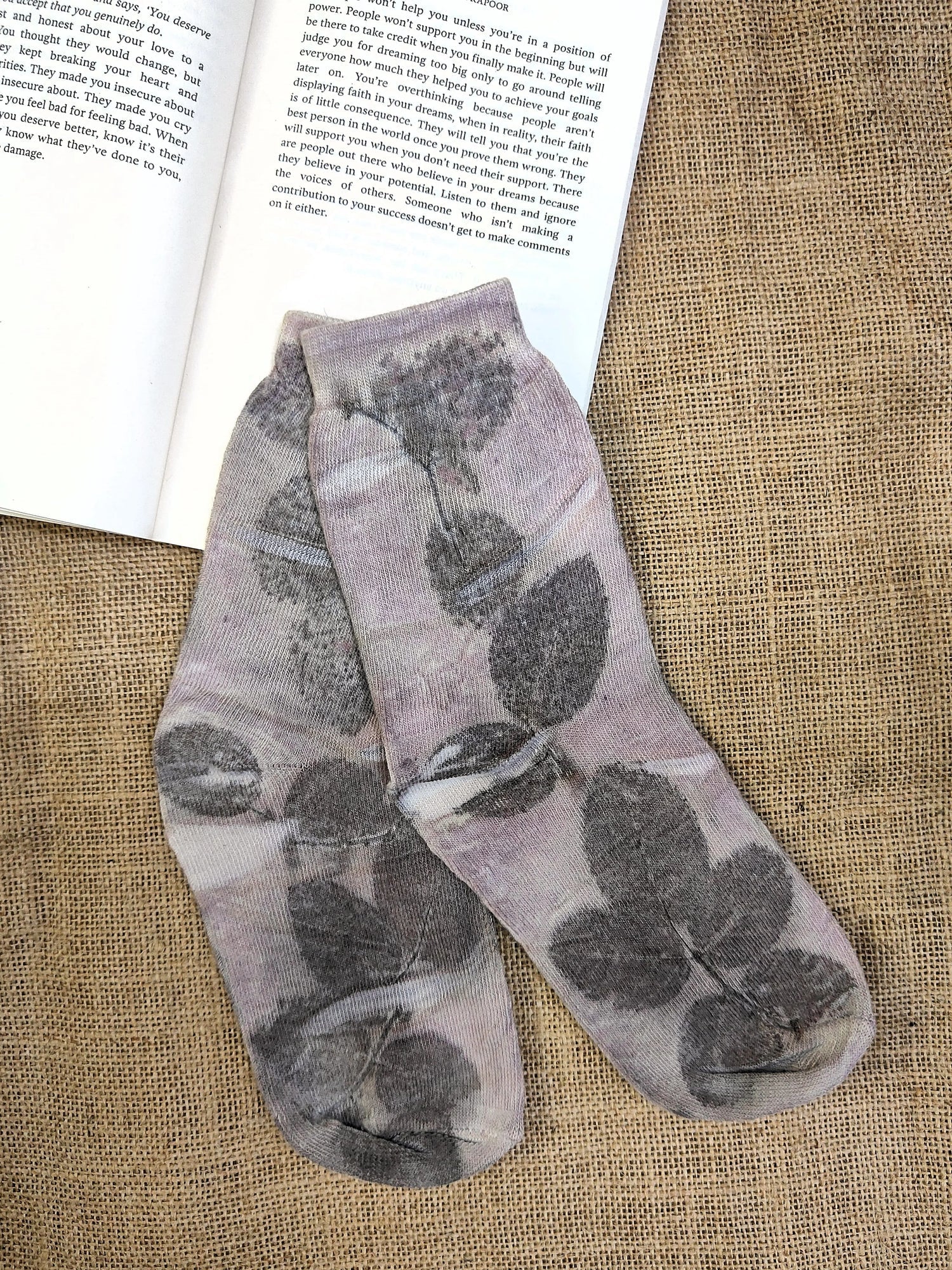 Naturally Dyed Sappan Leaf Ecoprinted Pure Cotton Socks – Womens Socks on Brown Living™. SKU: PC-SOCKS-02. Img 1.