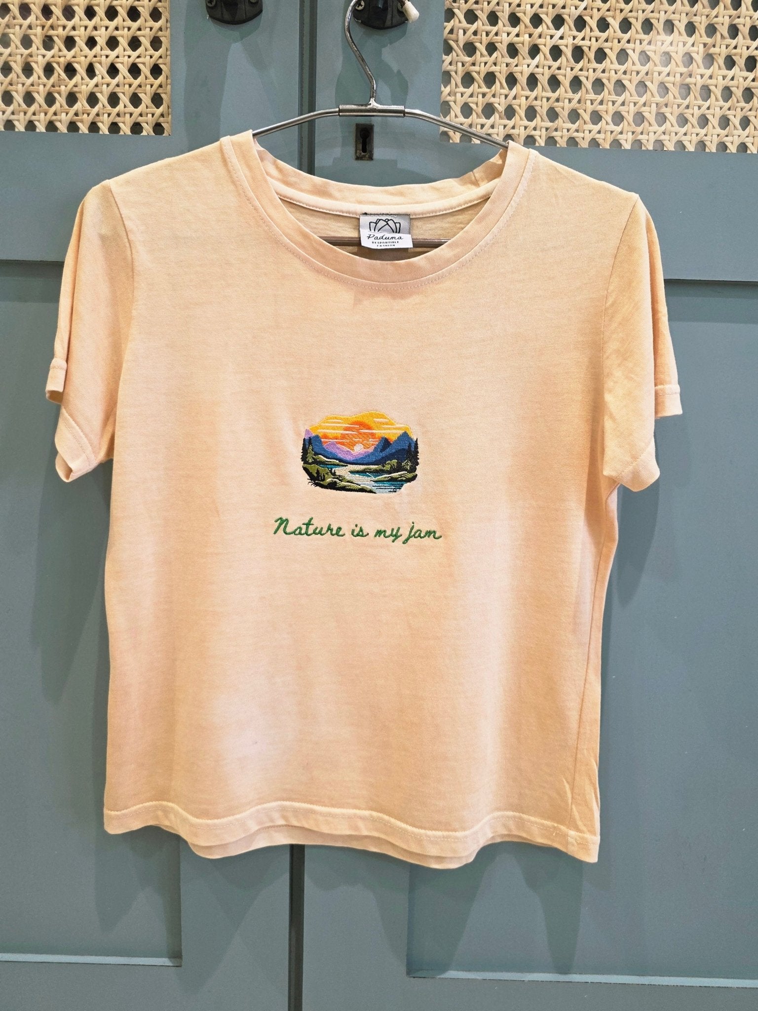 Nature Lover's Naturally Dyed Organic Cotton Tee - Milky Orange – Womens T-Shirt on Brown Living™. SKU: PCETXS. Img 1.