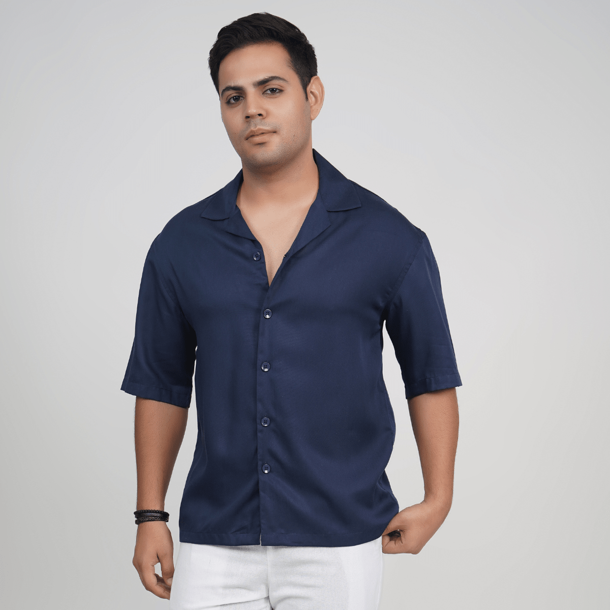 Navy Blue Tencel Cuban Collar Shirt | Relaxed Fit – Men Shirt on Brown Living™. SKU: DS1051_S. Img 1.