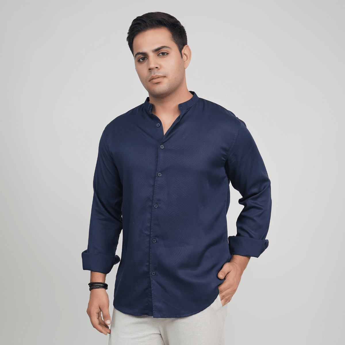 Navy Blue Tencel Mandarin Collar Shirt – Men Shirt on Brown Living™. SKU: MD1051_S. Img 2.