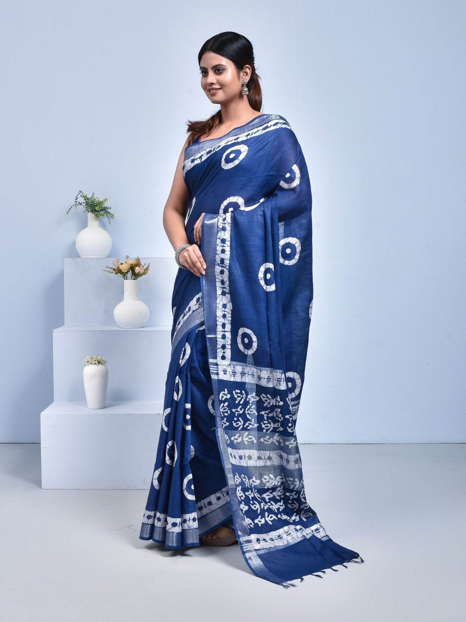 Navy Blue Traditional Batik Design Pure Linen Saree – Womens Saree on Brown Living™. SKU: STRLINSAR18. Img 1.