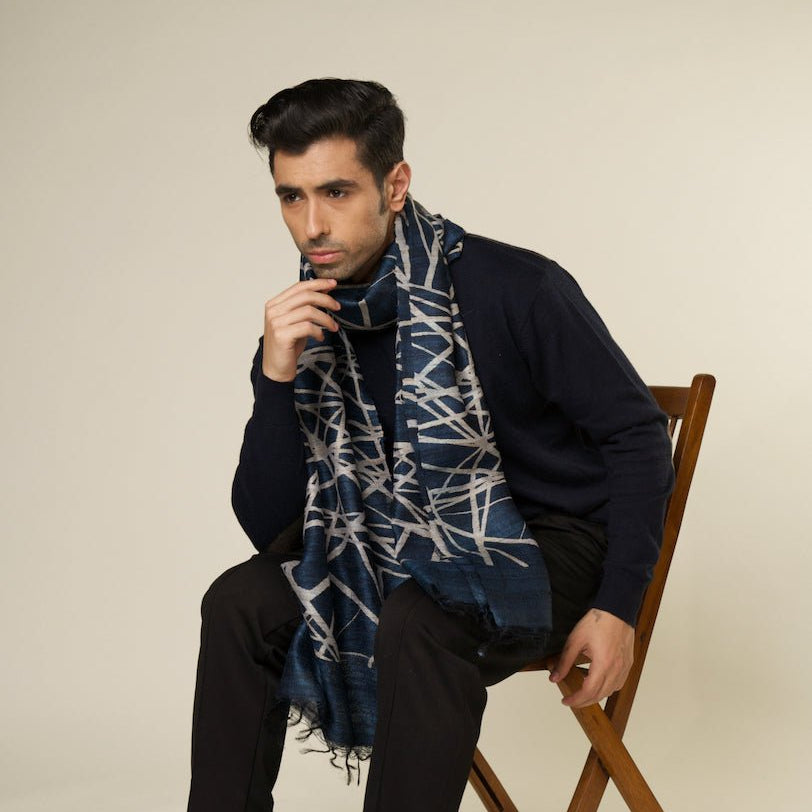Navy Lattice 100% Natural Ahimsa Tussar Peace Silk Scarf for Men – Mens Scarf on Brown Living™. SKU: NAESWT09. Img 3.