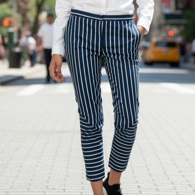 Navy Pinstripe Cotton Slim - Fit Trouser – Stylish & Modern – Womens Trousers on Brown Living™. SKU: L22006. Img 1.